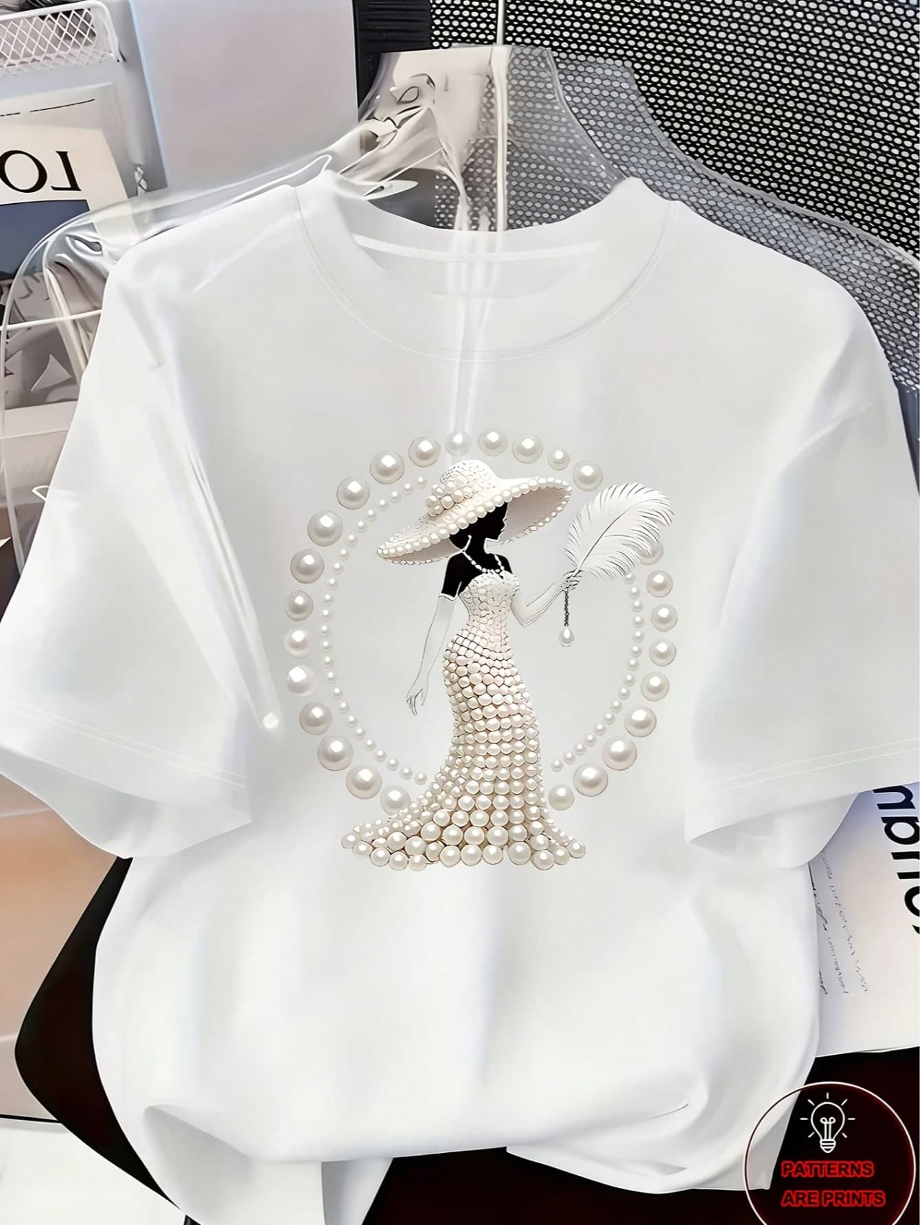 New Elegant And Sophisticated Style Clothing, Women's Printed T-Shirt - With Anti-Pearl Crystal Design For A Luxurious Feel. Casual Summer