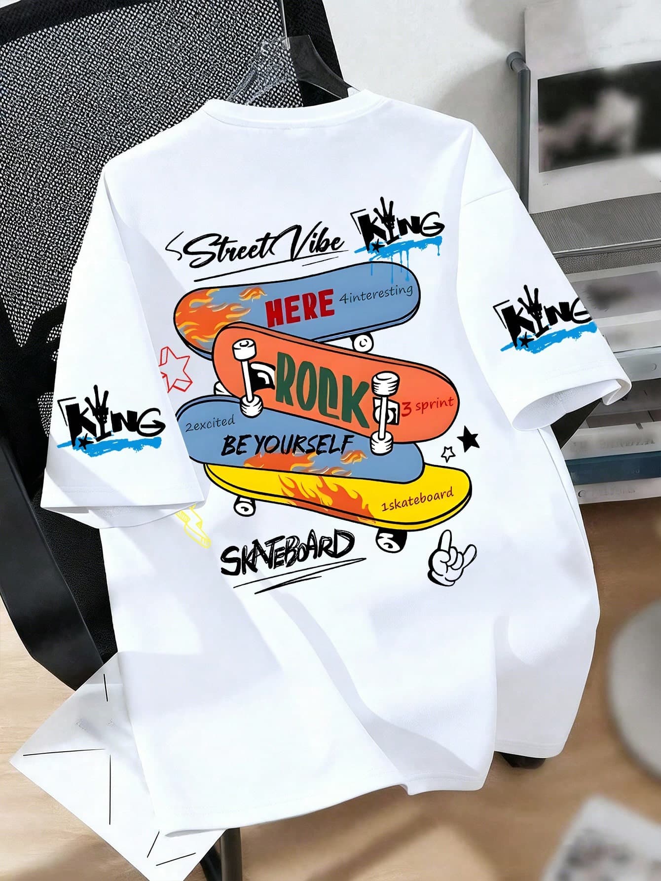 Teenage Boys' Skateboard Print Round Neck T-Shirt, Casual Soft Top For Summer