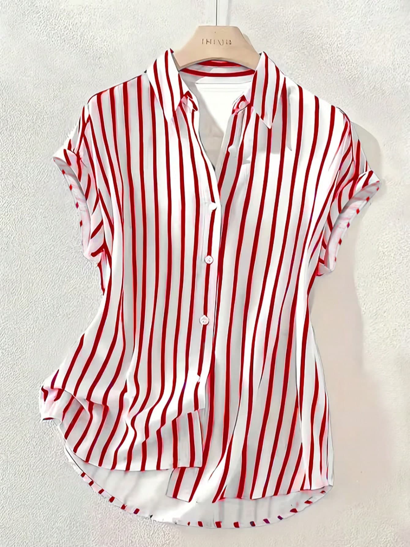 Summer Fashion Striped Single-Breasted Drop Shoulder Short Sleeve Shirt, Polyester Contrast Color Front Button Closure, Short Front Long Back Design