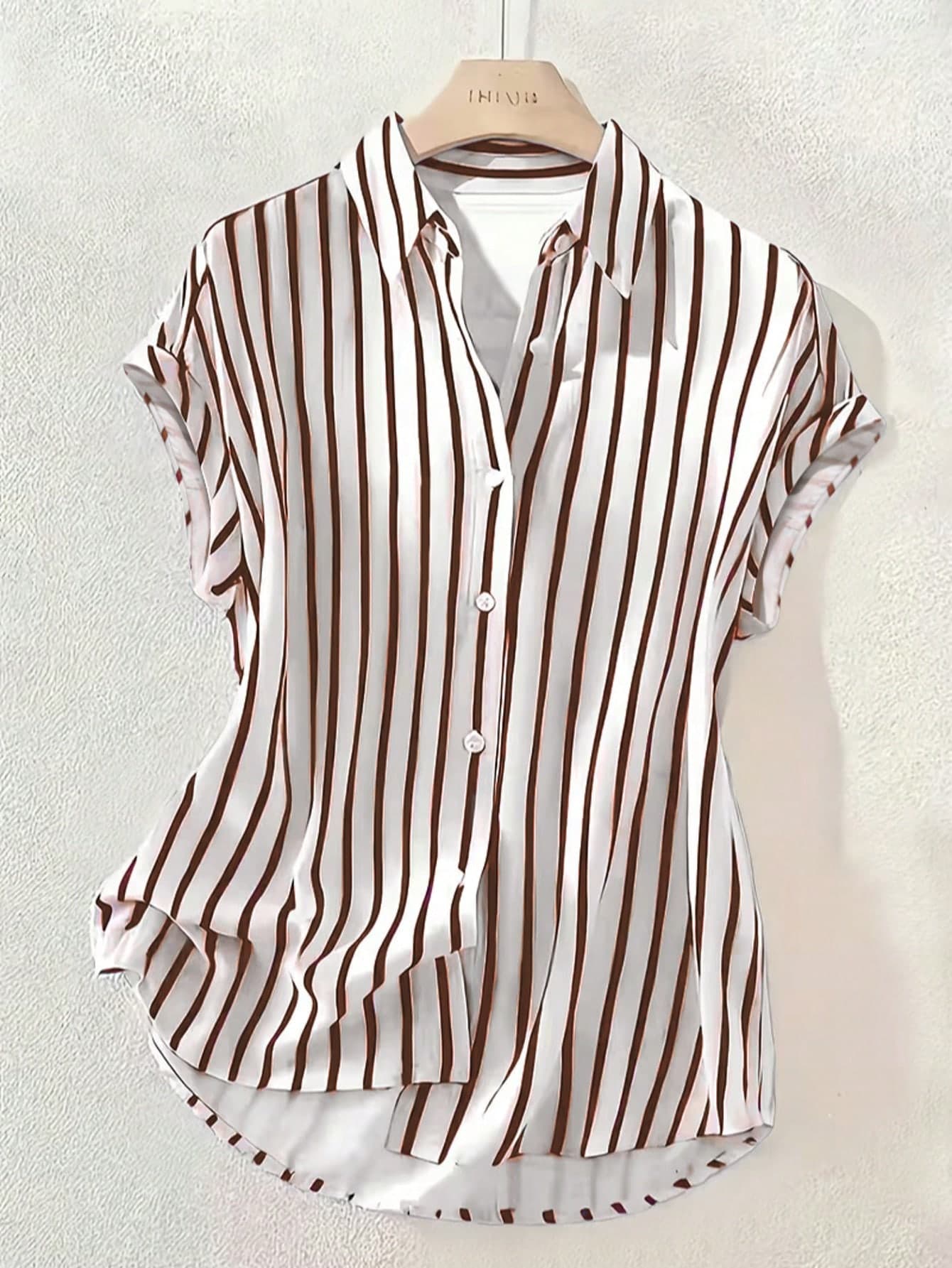 Summer Fashion Striped Single-Breasted Drop Shoulder Short Sleeve Shirt, Polyester Contrast Color Front Button Closure, Short Front Long Back