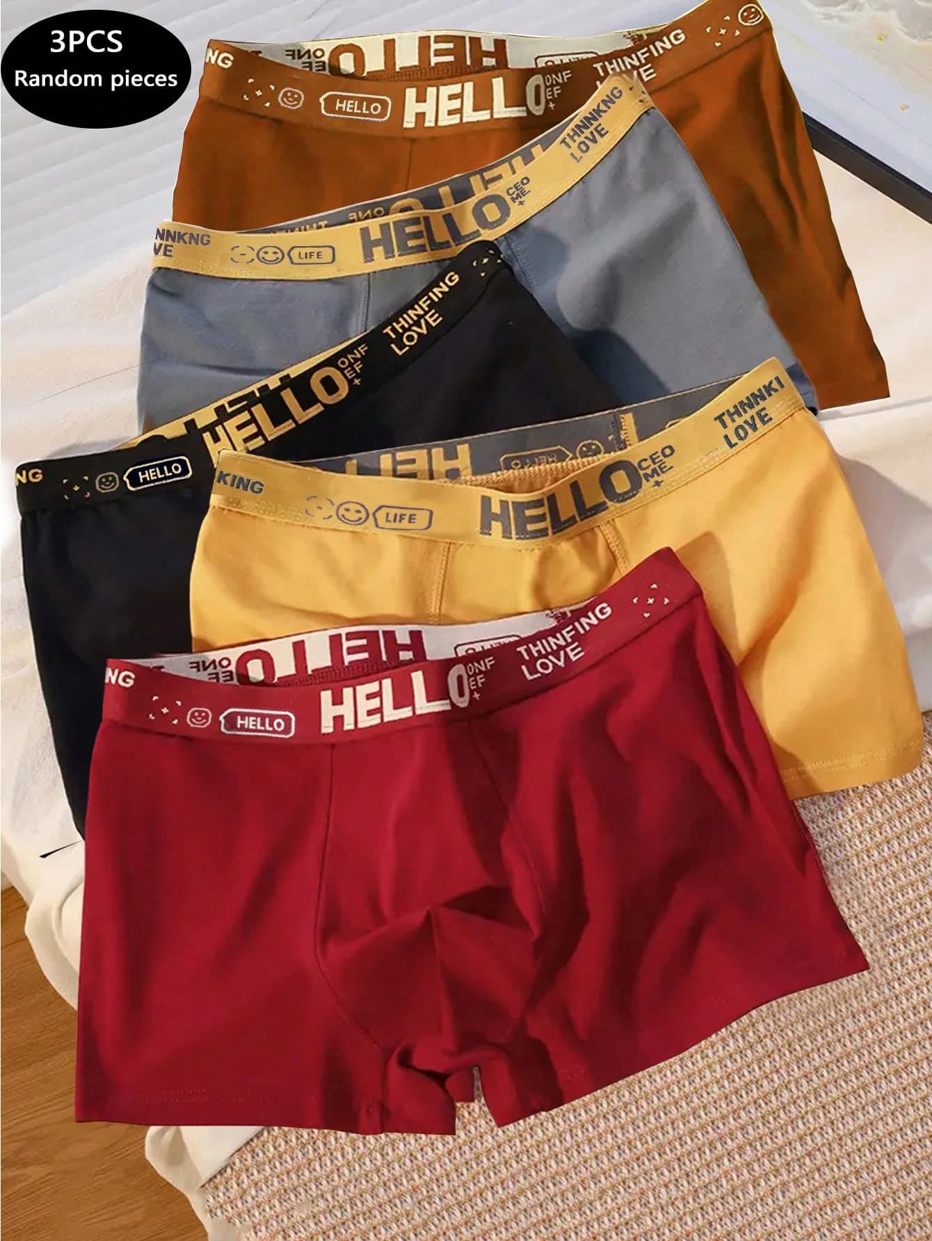 3pcs Men's Boxer Briefs, Asymmetrical Waistband With "HELLO" Letter, Soft & Comfortable, Loungewear & Underwear