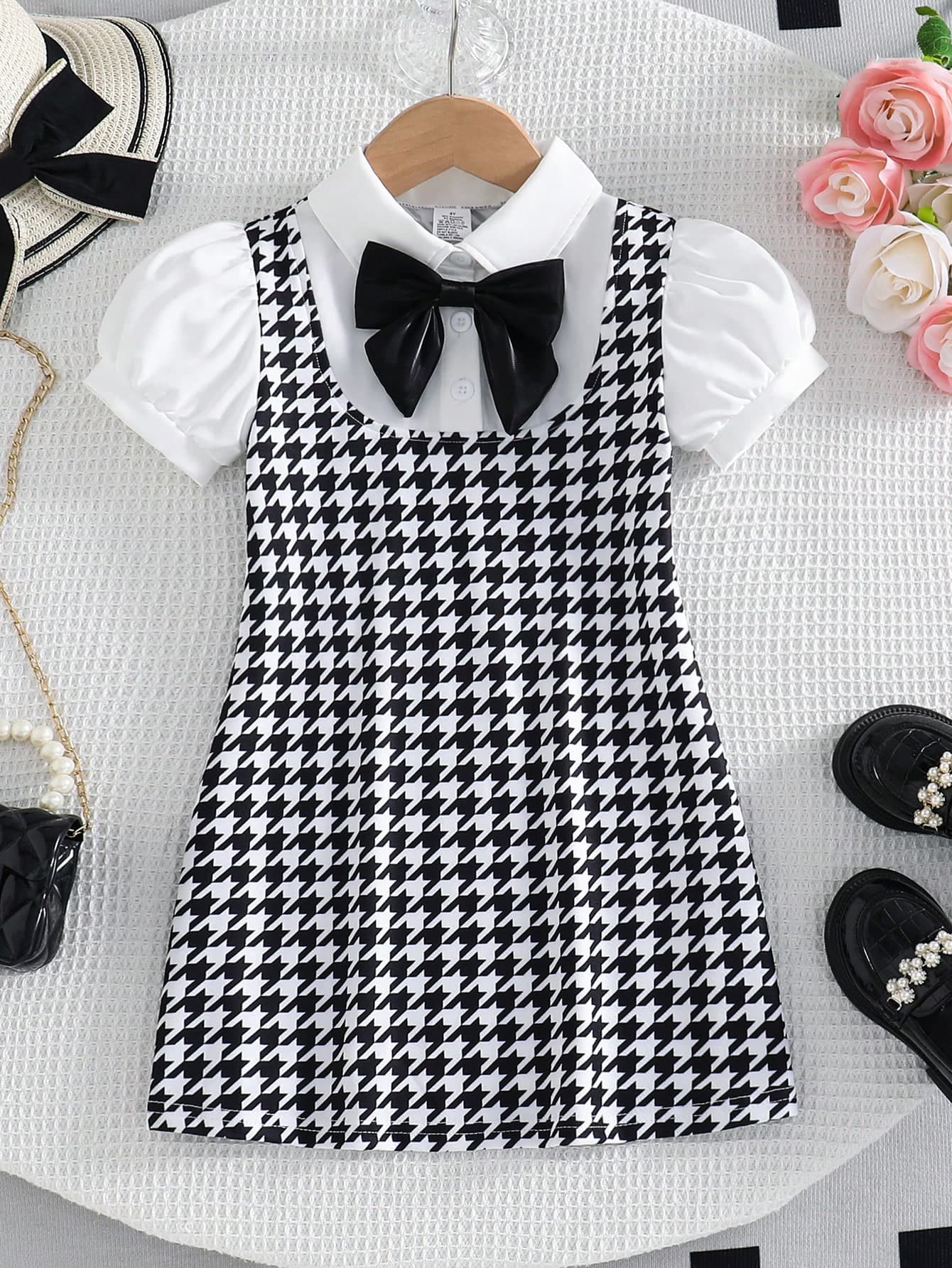 1pc Girls' Fashion Dress, Summer Dress, Girls' School Style Black & White Houndstooth Princess Dress, Girl's 2 In 1 Puff Sleeve Bow Dress, Suitable For 4-8 Years Old Children, Suitable For Outdoor, Casual, Party, Holiday Gift, Birthday Gift And Other Occasions