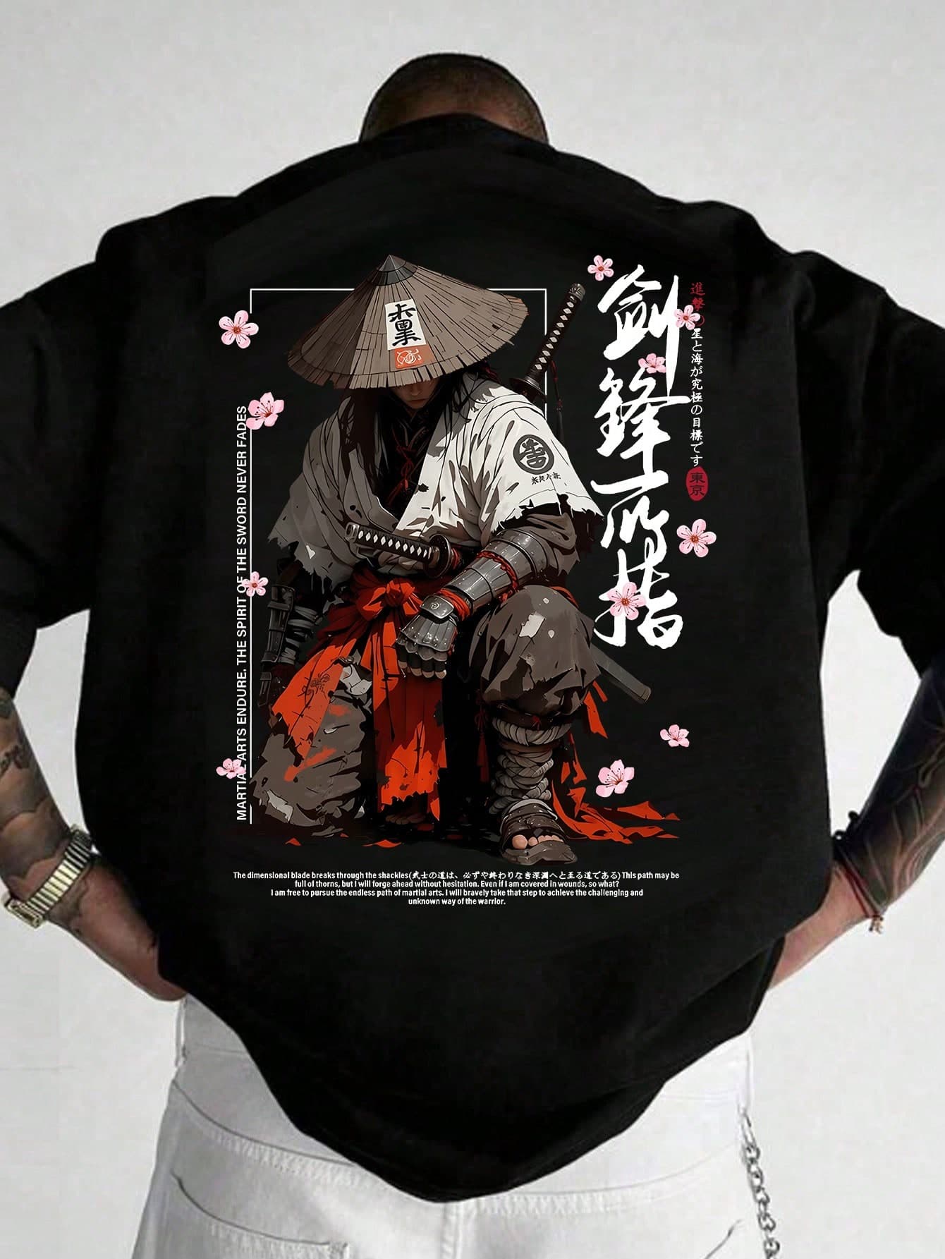 Men's Fashionable Japanese Cyberpunk Illustration Print Black Crew Neck Short Sleeve T-Shirt
