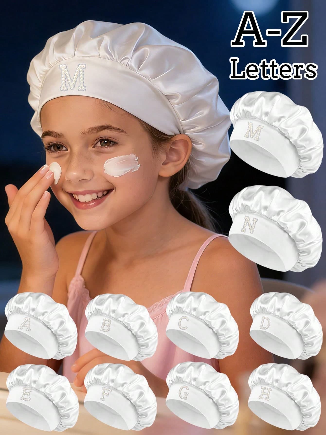 1pc White Curly Silk Hair Cap, Inlaid With 26 A-Z Pearl Rhinestone Silk Satin Hair Cap, Retro Fashion For Teenage Girls, Children Sleep Cap