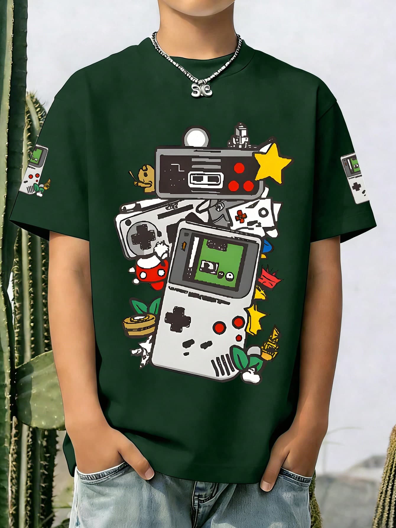 Vintage Robot & Game Controller Print Pullover, Round Neck Short Sleeve, Suitable For Summer And Autumn, New Boys Clothing