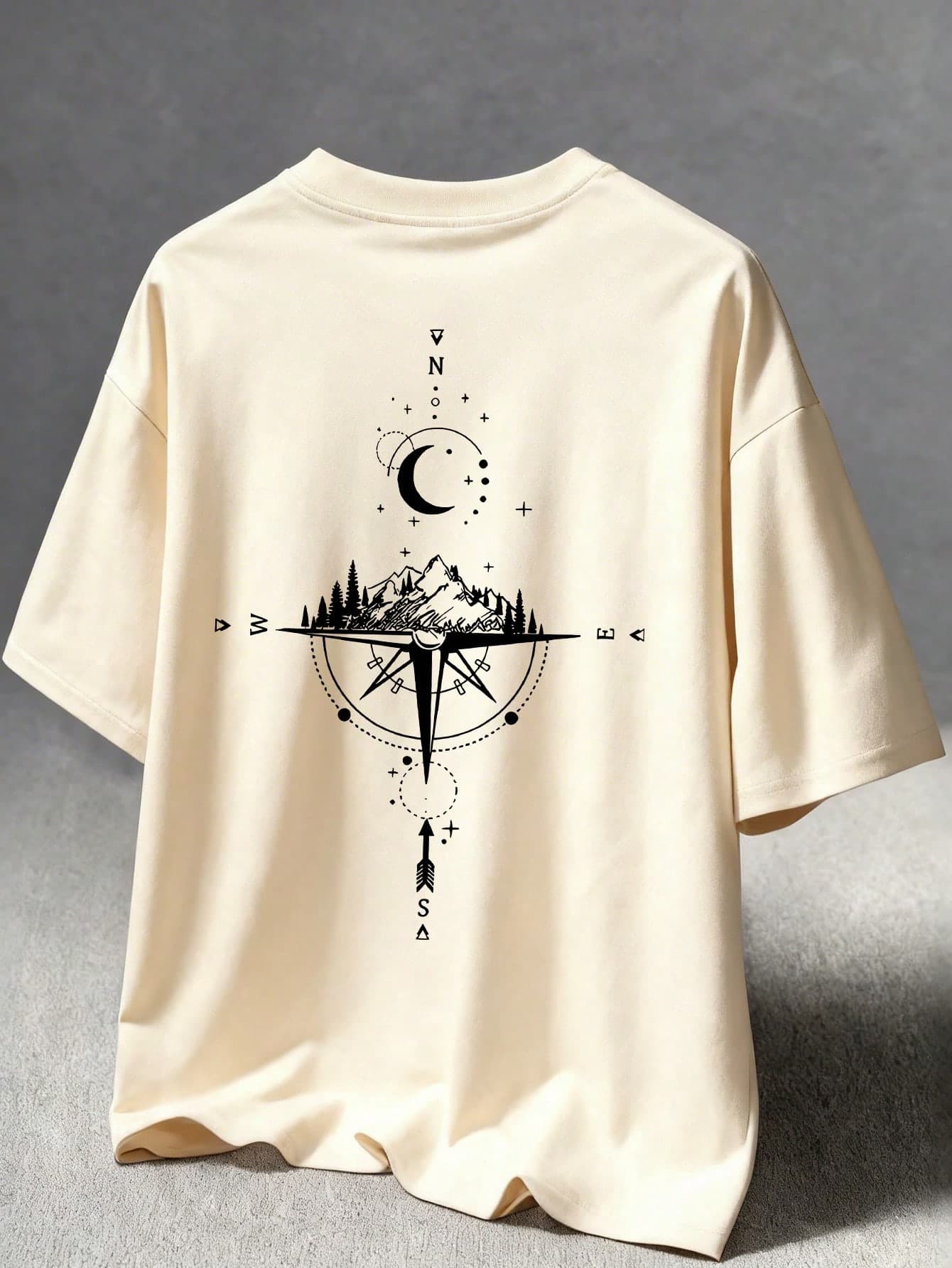 Boys' Short Sleeve T-Shirt With Cartoon Compass, Moon And Mountain Print, Comfortable Breathable Loose Fit, Versatile Casual Wear For Boys In Summer