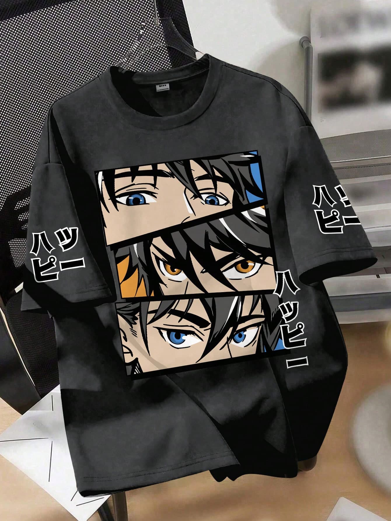 Teens Boys Anime Aesthetic Loose T-Shirt, Printed With Panel Eye Pattern And Japanese Slogan Accent, Oversized Short Sleeve Top, Suitable For Anime Gatherings, Weekend Meetups, Street Style