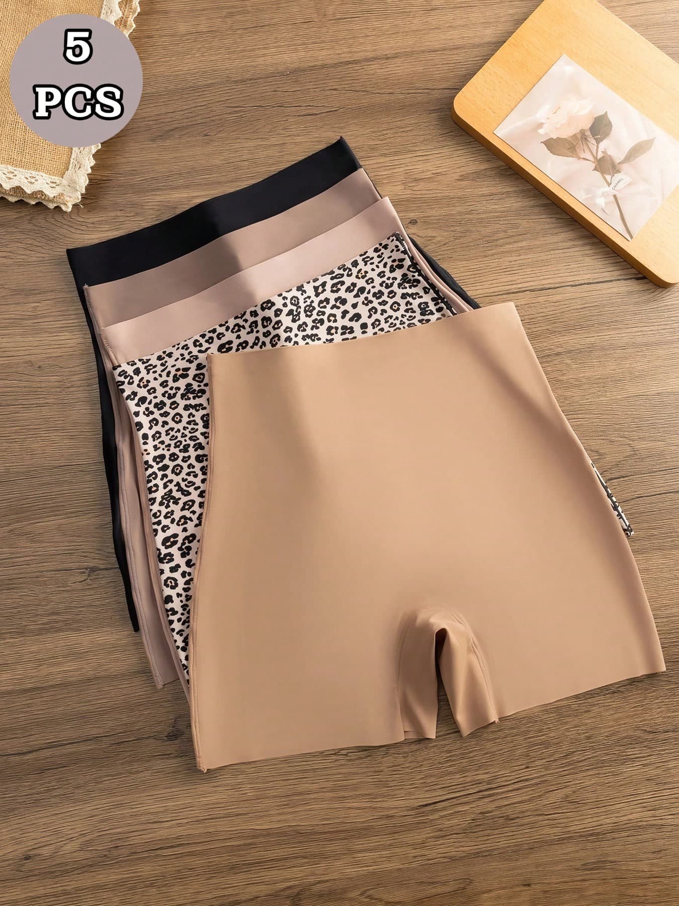 5pcs/Pack Women Seamless Solid & Leopard Print Wide Waistband Casual Sports Yoga Underwear, Elastic Breathable Soft Briefs