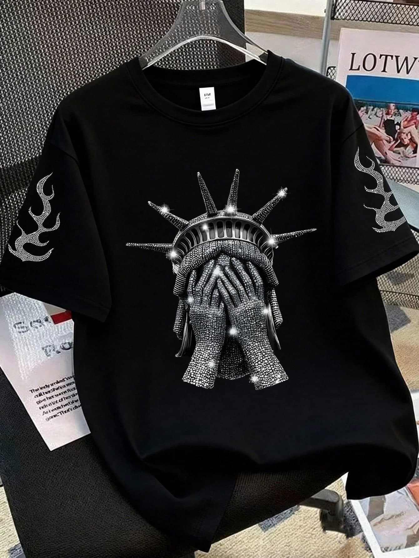 Men's American Street Style Statue Of Liberty Print Short Sleeve T-Shirt, Loose Fit Casual Streetwear Top With Flame Sleeve