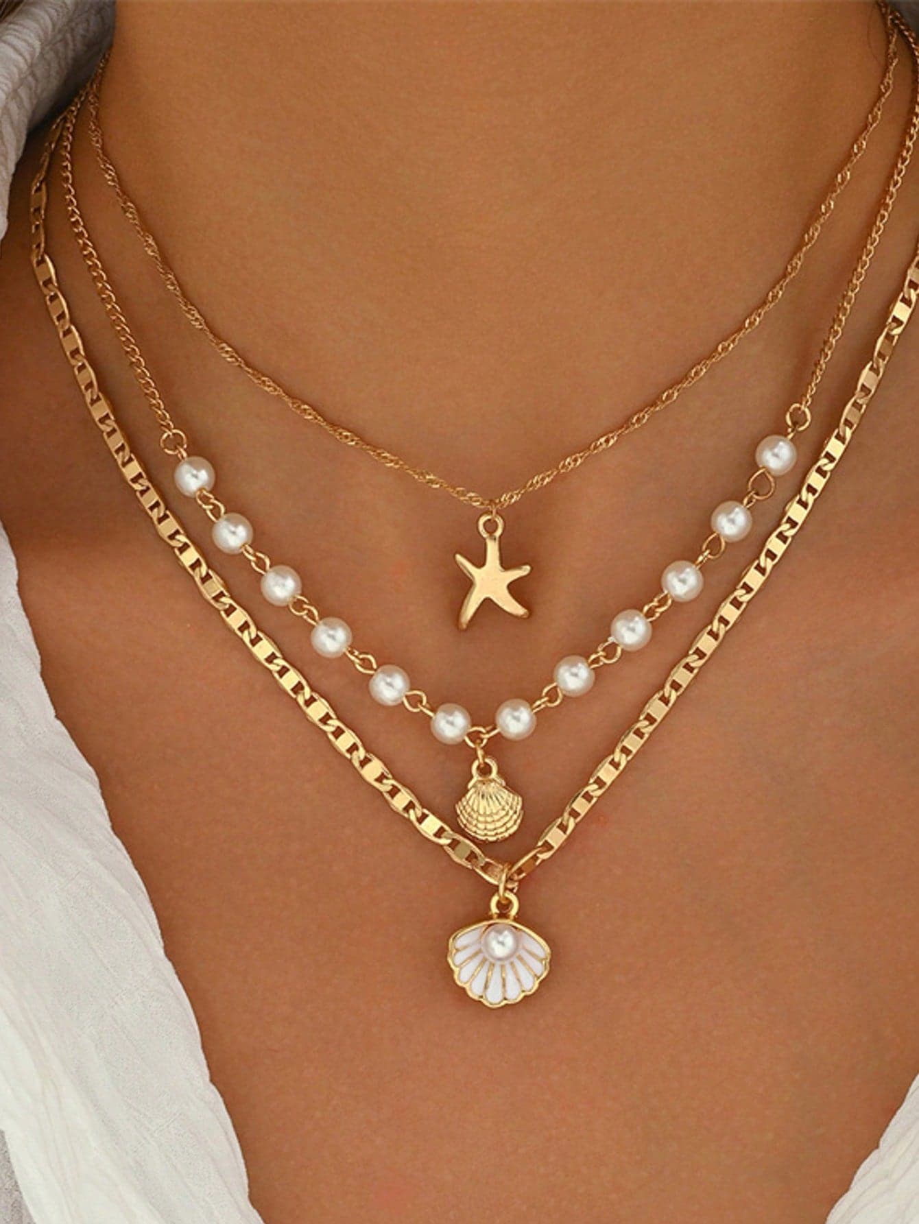 3pcs Summer Bohemian Style Faux Pearl Shell Pendant Multi-Layer Stackable Necklace Set, Suitable For Women Beach Vacation And Daily Wear