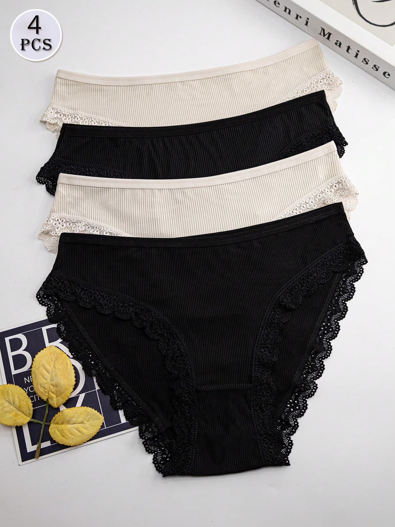 4pcs Women's Colorful Striped Panties, Lace Trim Design, Breathable Fabric, High Elasticity, Comfortable & Sweat-Absorbent