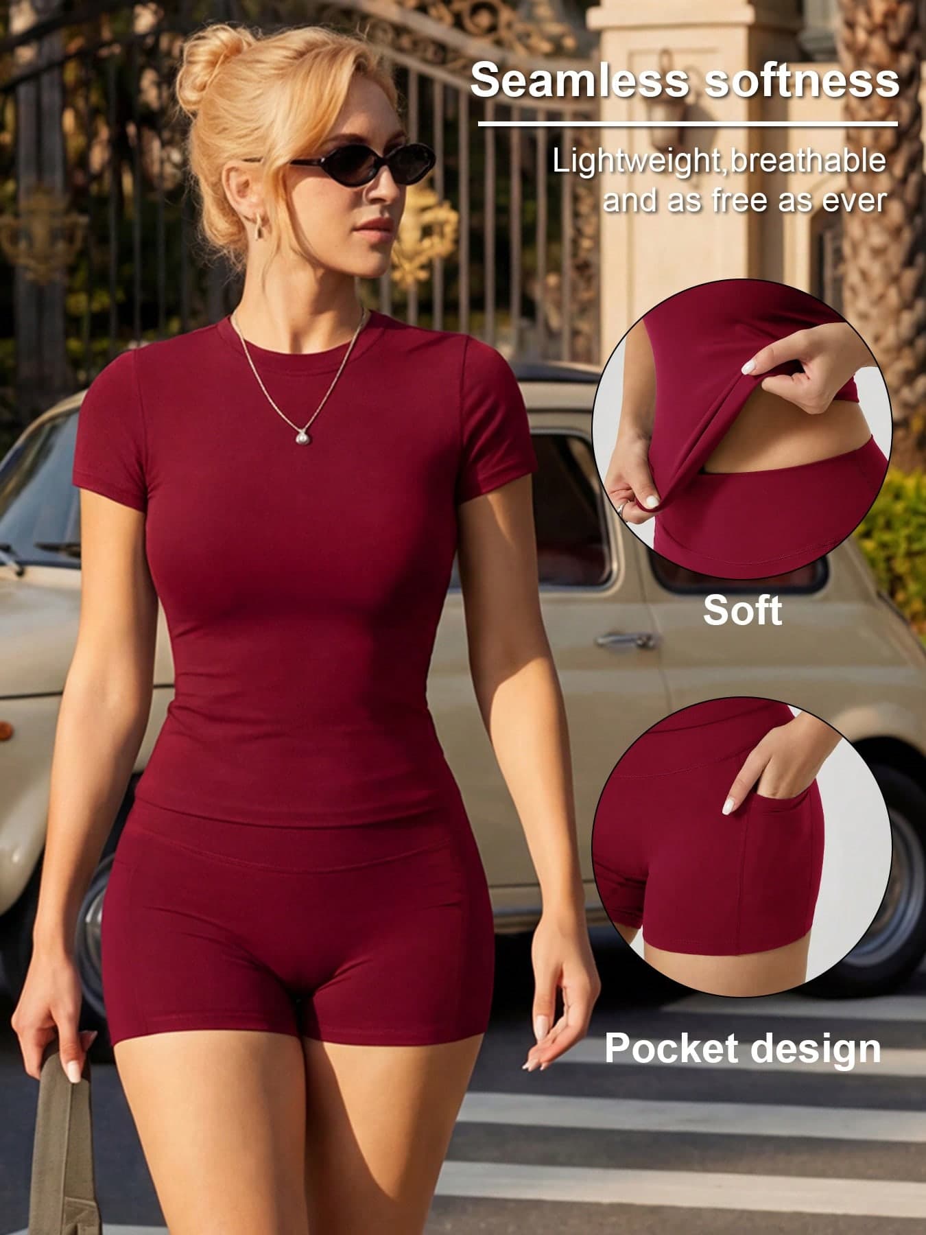Women's Fashion Round Neck Short Sleeve T-Shirt And Side Pocket Christmas Sports Shorts Set Summer