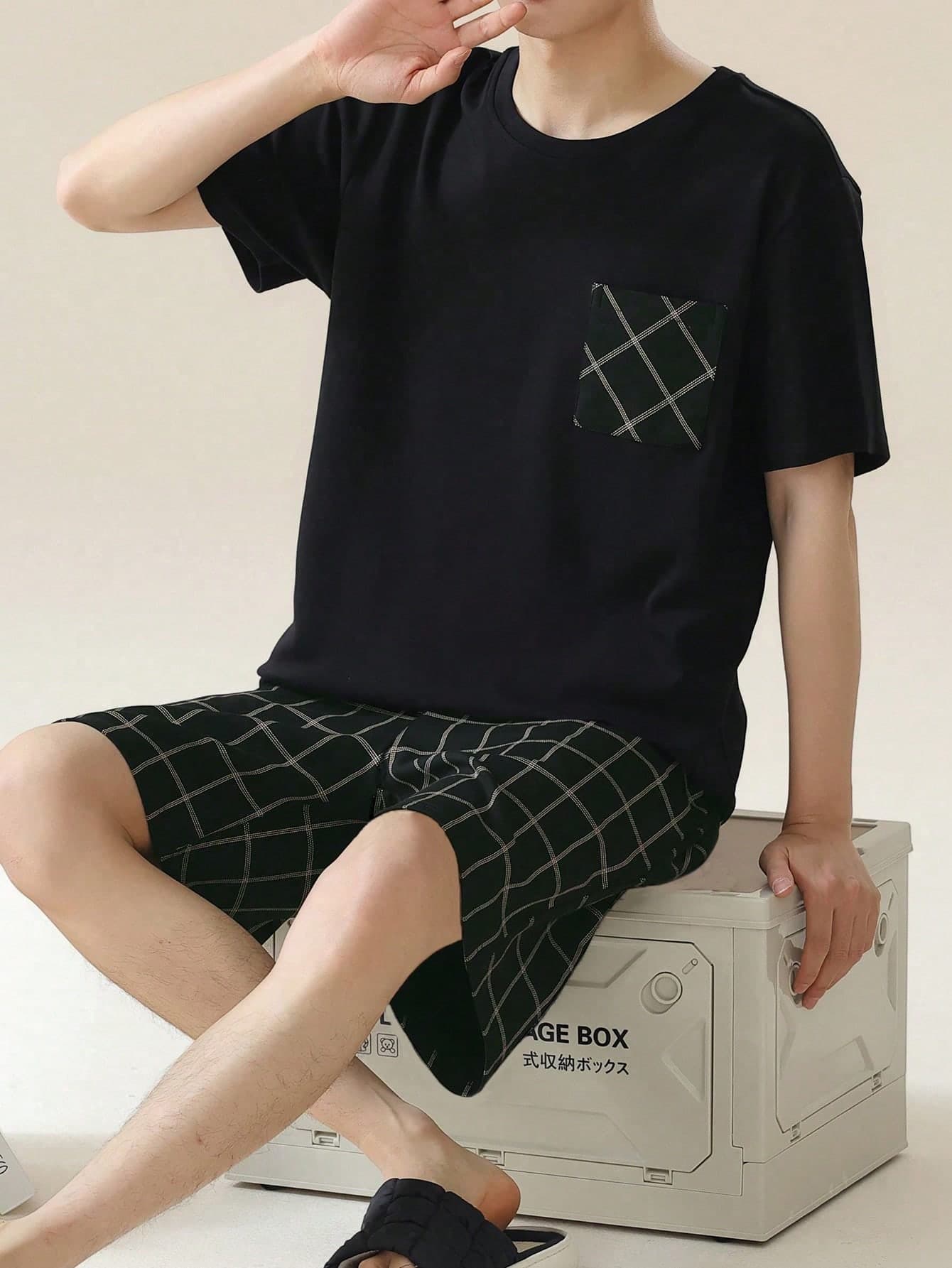 [AICJ Sleepwear]2pcs Men's Solid Color Casual Loose Minimalist Pocket Round Neck Short Sleeve Plaid Shorts Pajama Set, Suitable For Spring/Summer