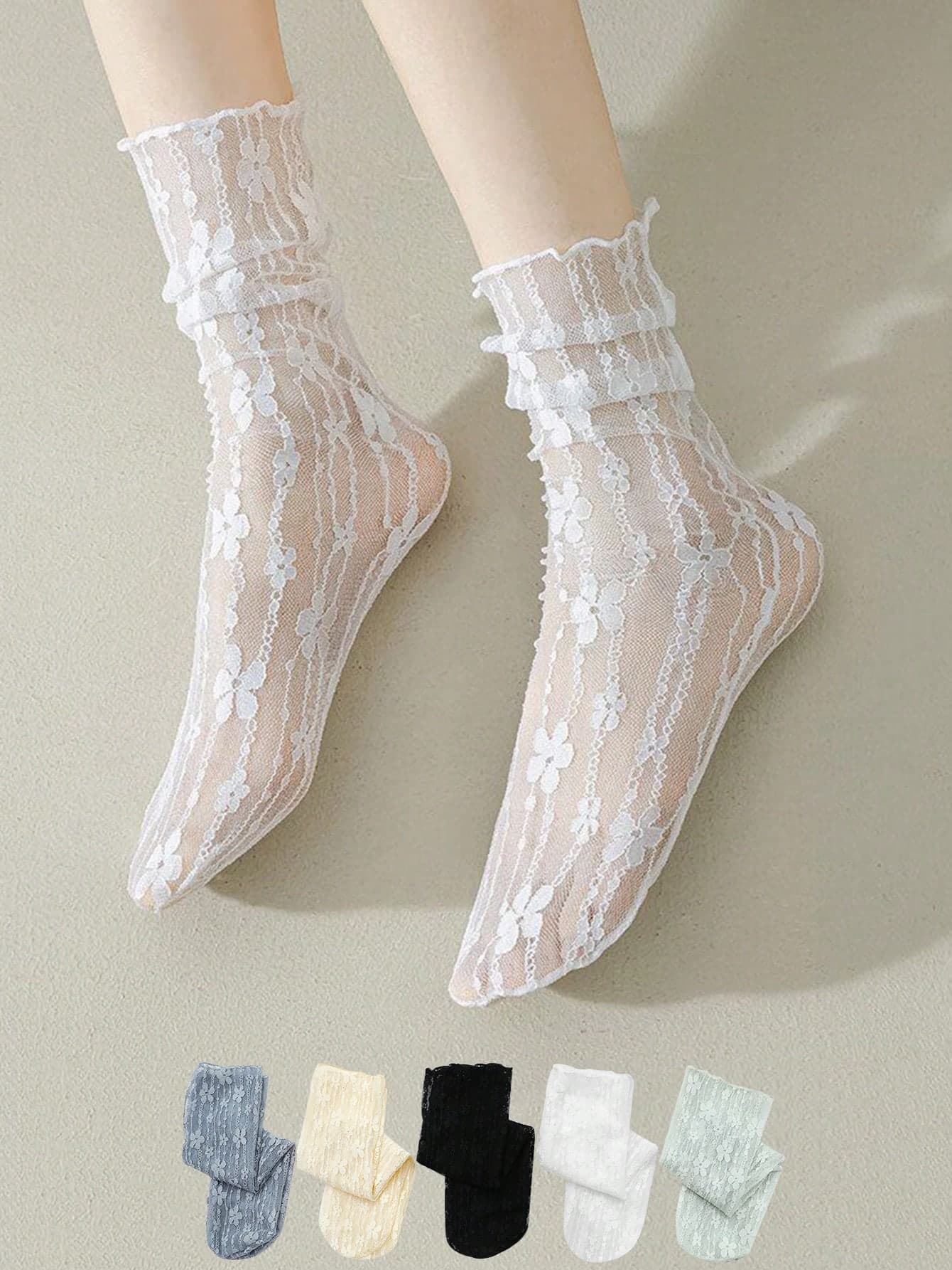 chuanwa（2） 1/5/10 Pairs Women Sexy Lace Floral Fashion Ultra-Thin Transparent Summer Japanese Style Hollow Mesh Ankle Socks, Retro Long Tube Cute Socks