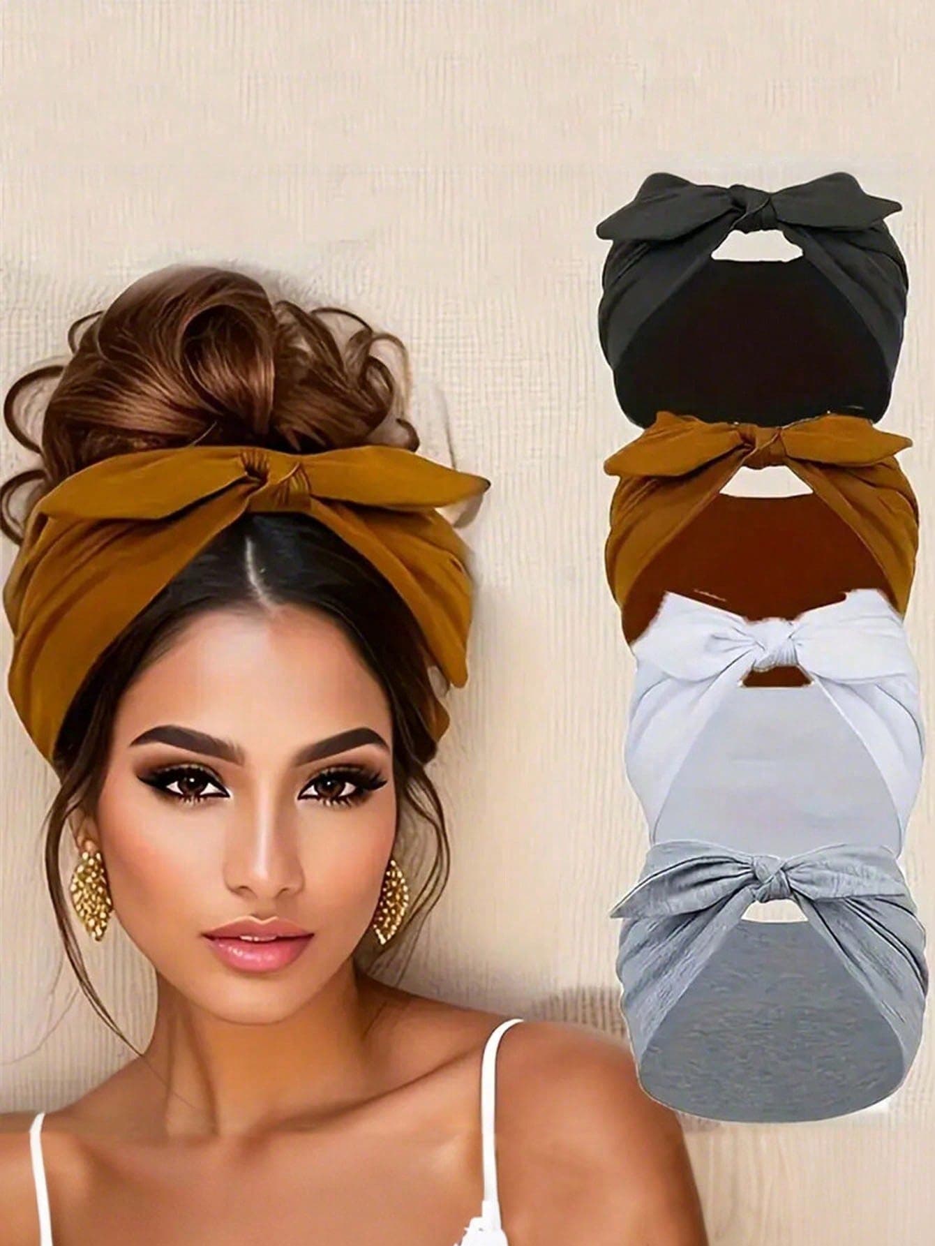 4pcs/Set Women's Wide Rabbit Ear Headband Set, Soft Elastic Knotted Bow Hairband, Solid Color Headscarf Hairband, Versatile Fashion Women's Hair Accessories