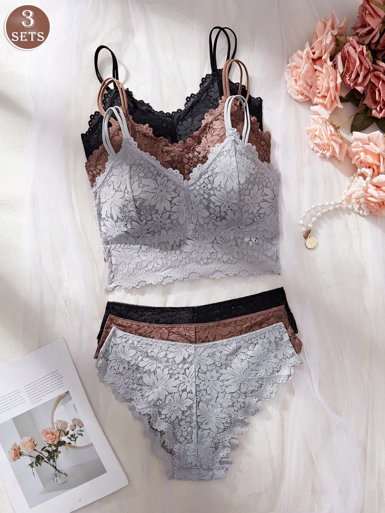 3 Sets Women's Lace Camisole Lingerie Set, With Padded Cups, Spaghetti Strap Wire-Free Anti-Exposure Tank Top, Comfortable Underwear