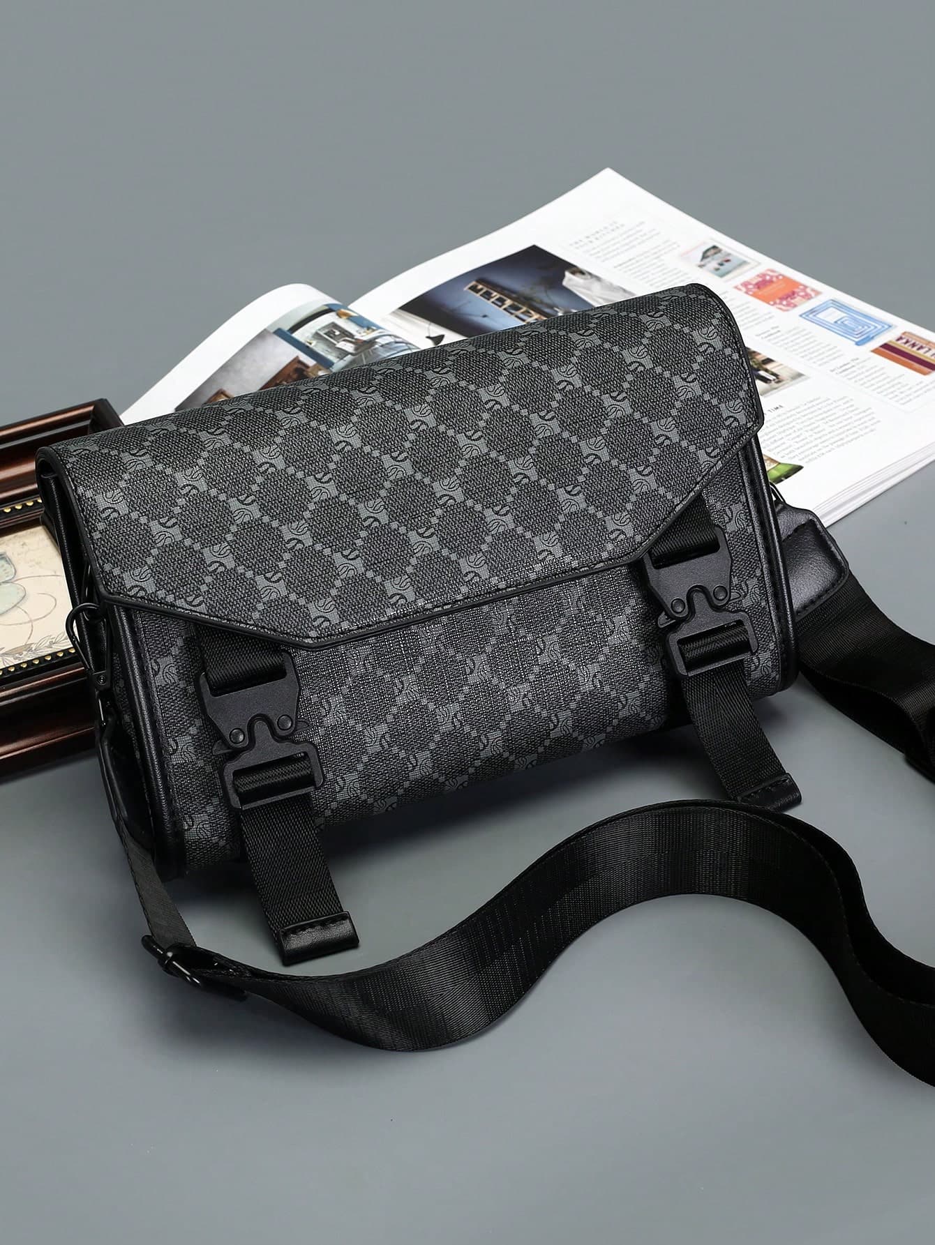 Men's Box Bag, Crossbody Shoulder Bag, Small Square Bag, Retro Floral Print PU Waterproof Wallet, Unisex Business Toiletry Pouch, Large Capacity Convenient Carry, Black Handbag Briefcase, Office Supplies, Vintage Gift For Men, Peach Tree