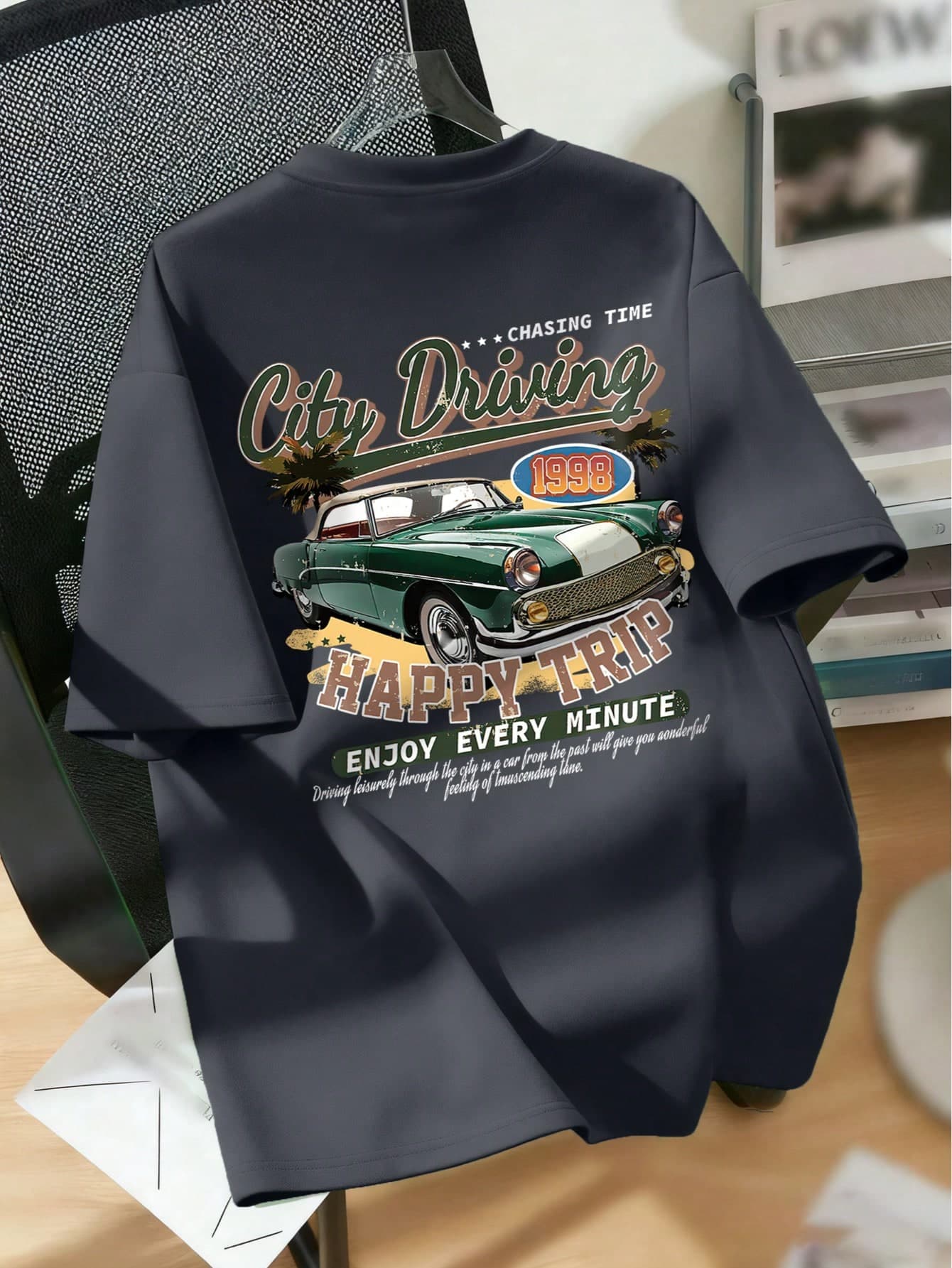 Teenage Boys' Cartoon Car & Slogan Graphic Round Neck Casual T-Shirt, Summer