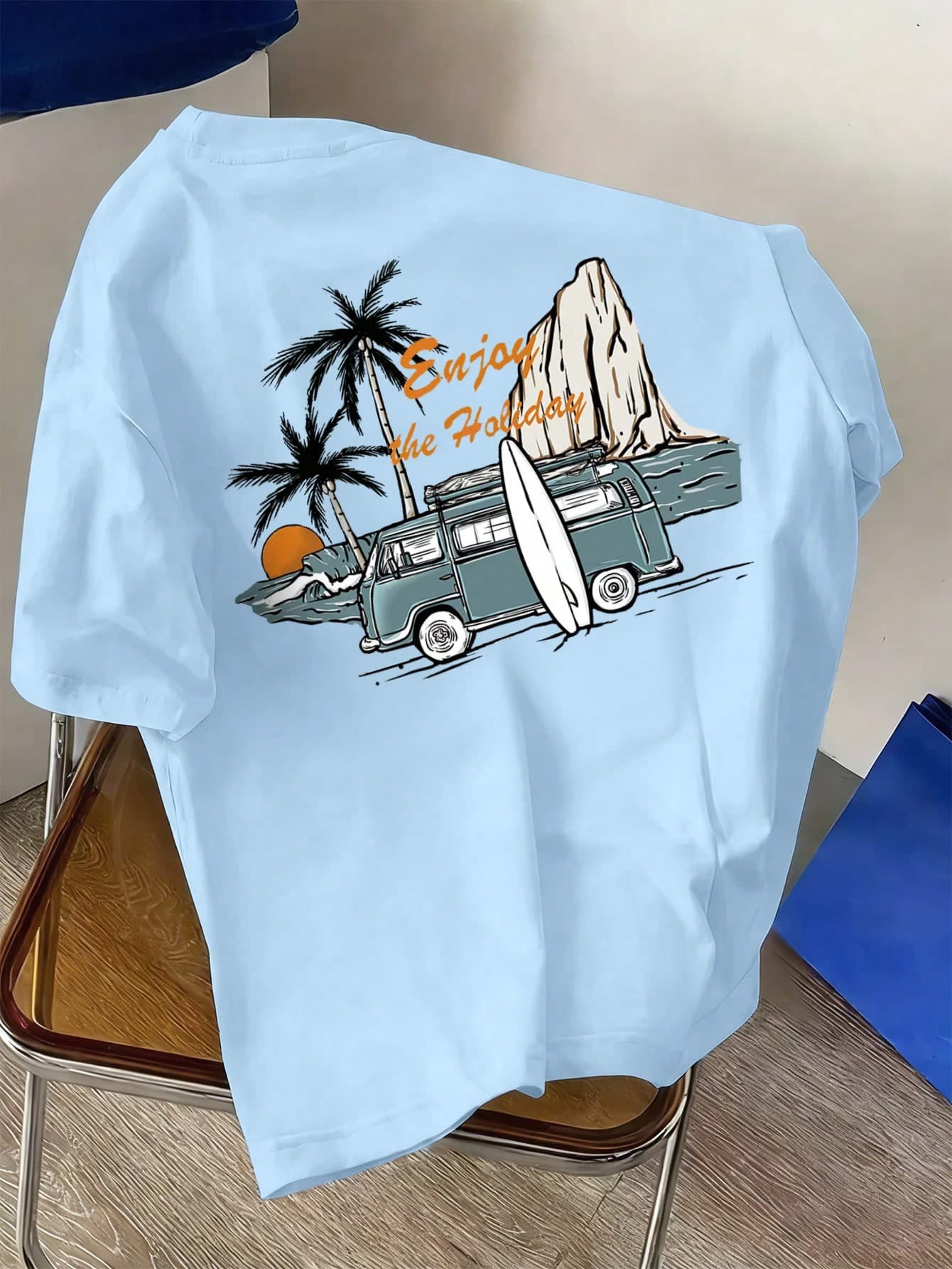 Teenage Boys' Beach Print Round Neck T-Shirt, Soft Casual Tee For Spring/Summer, Suitable For School, Vacation And Shopping