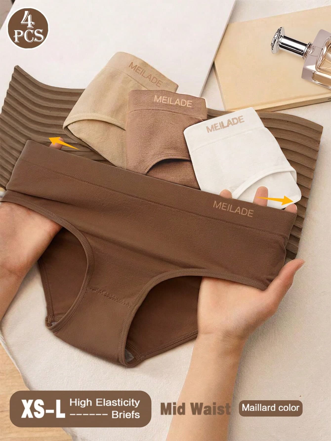 4pcs/Pack Seamless Mid-Waist Panties, Maillard Color Comfortable High Elasticity Triangle Briefs
