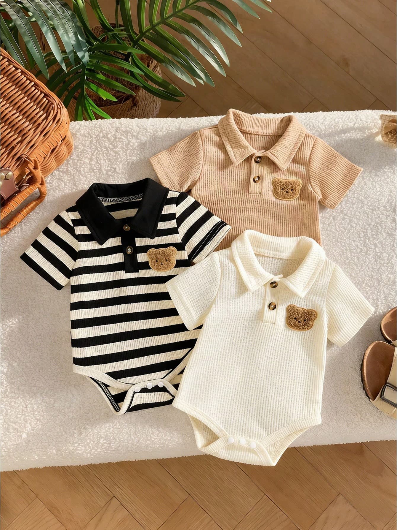 3pcs/Set Summer New Baby Boys Polo Collar Chest Pocket Bear Plaid Print Short Sleeve Romper Outfit