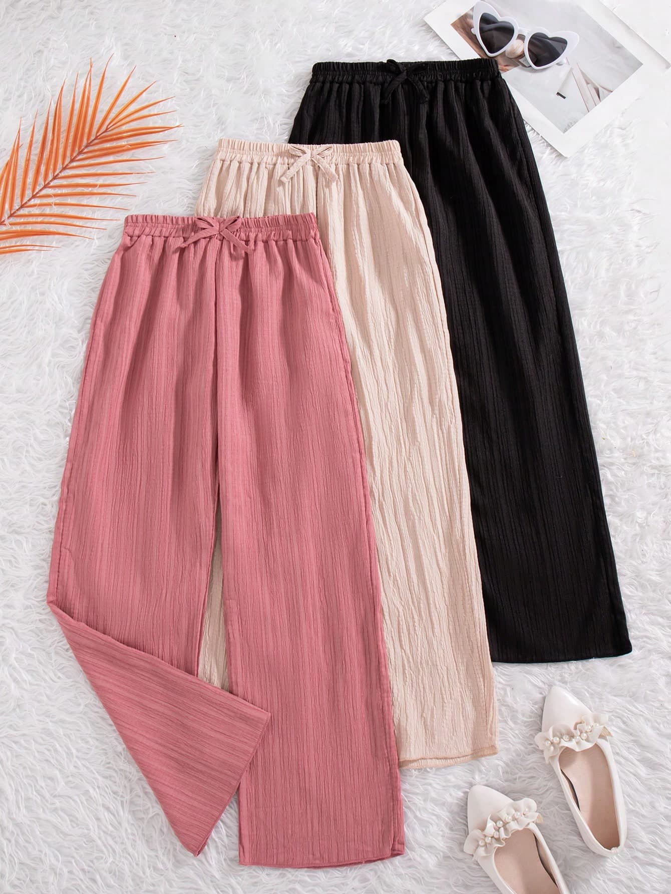 3pcs/Set Girls' Casual Solid Color Pants With Bow Decor Elastic Waistband, Suitable For Spring & Autumn