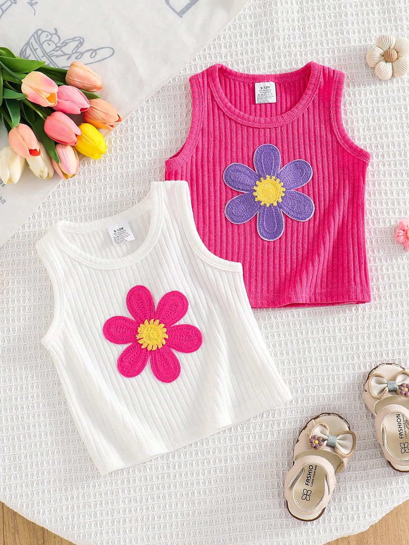 2pcs Baby Girls' Fuchsia & White Knit Sleeveless Vest, Casual Everyday Wear, Ribbed Texture, Suitable For Summer, Baby Girl Outdoor Holiday Tops