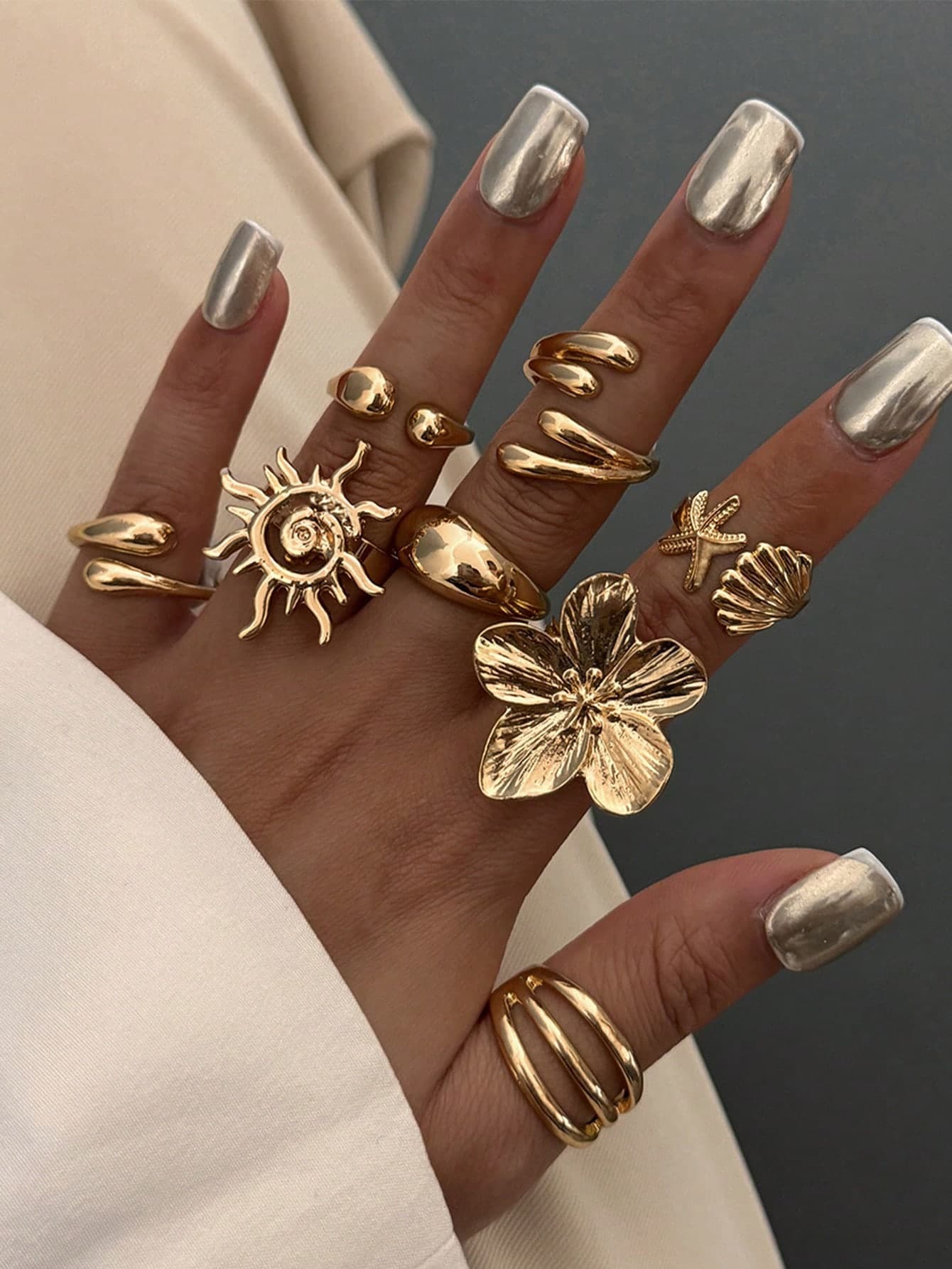 8pcs/Set Vintage Smooth Vegan Rings, Fashion Bohemian Starfish Personalized Rings