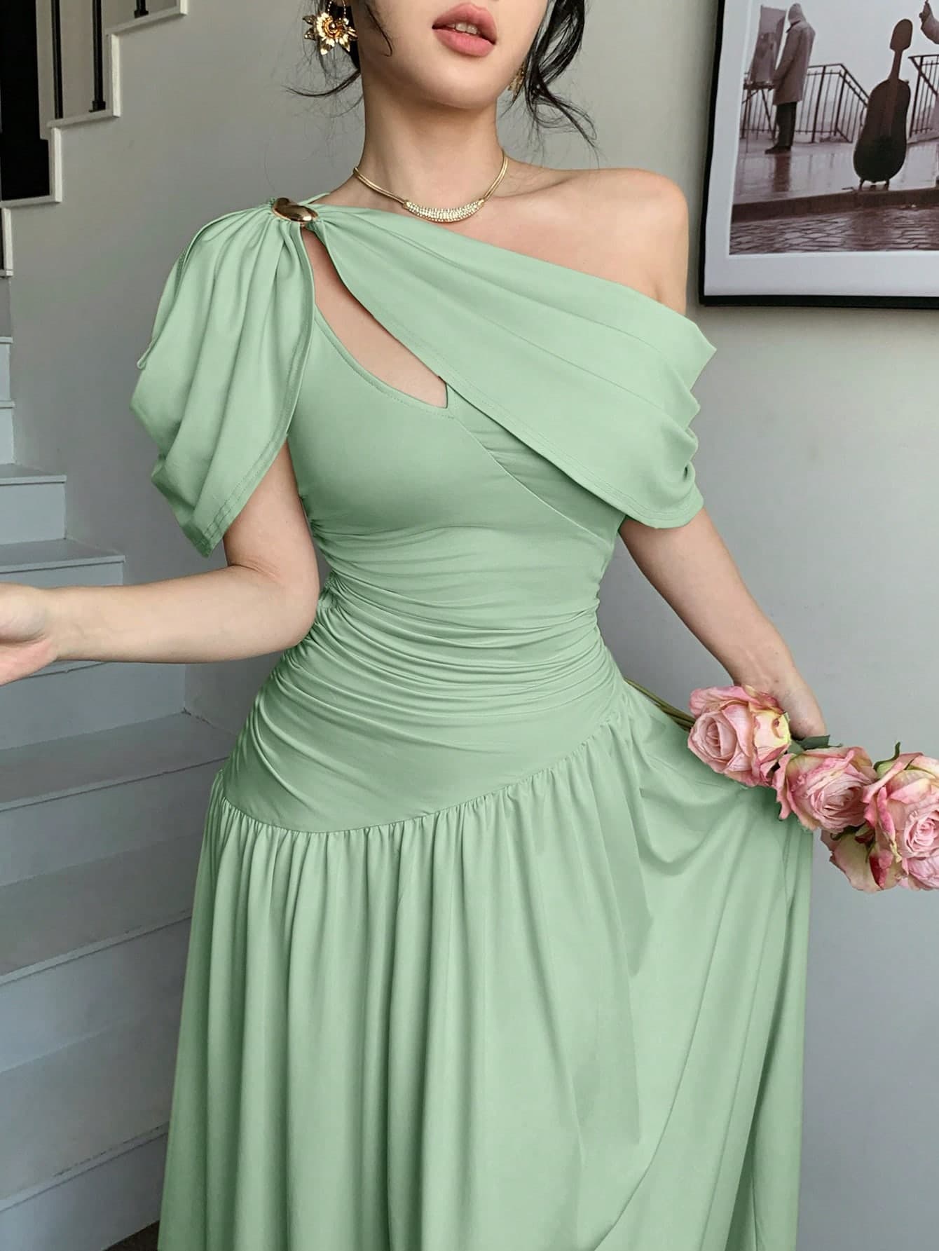 abyoxi Women's Pea Green Pleated Waist Fitted Flare Maxi Dress, Elegant & Fashionable, Suitable For Party, Date, Holiday, Wedding, Formal Occasion, Banquet, Teacher's Day, Mother's Day, Graduation Ceremony, Slim & Stretchy Spring/Summer Gown