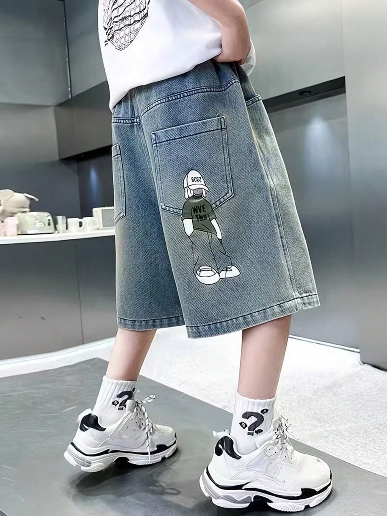 Teenage Boys' Casual Cartoon Print Denim Shorts For Summer - Lightweight, Breathable And Comfortable