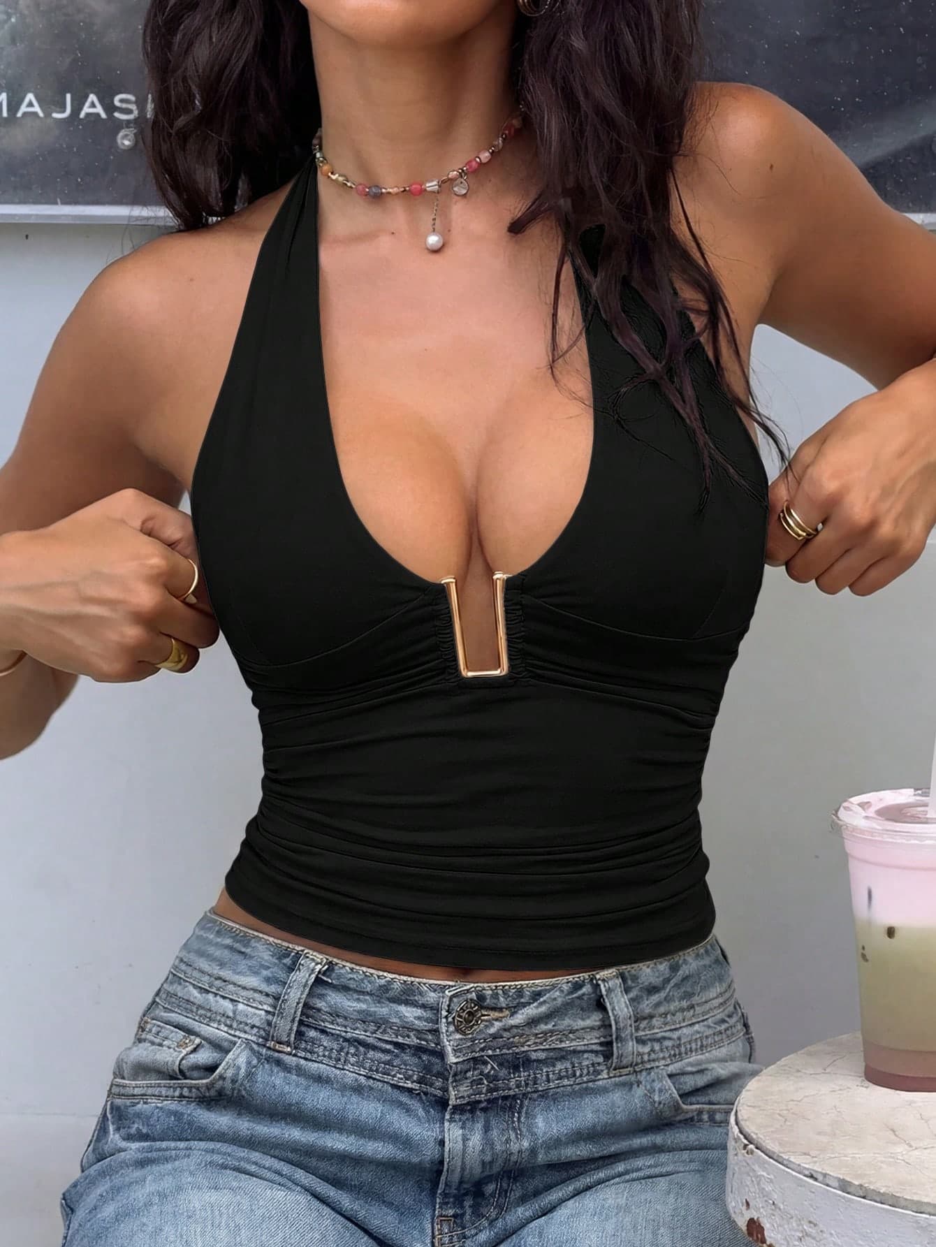 Summer Casual Solid Color Backless Halter Top Black