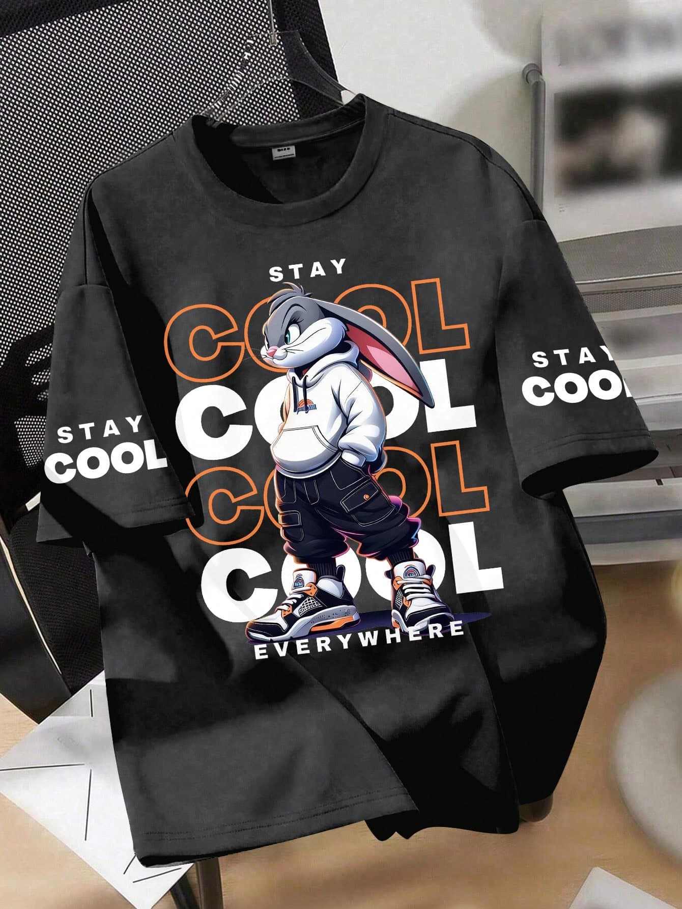 Boys' Loose Graphic T-Shirt, Cool Cartoon Rabbit Print, "Keep Calm" And "Ubiquitous" Slogan, Casual Relaxed Fit, Suitable For Back To School