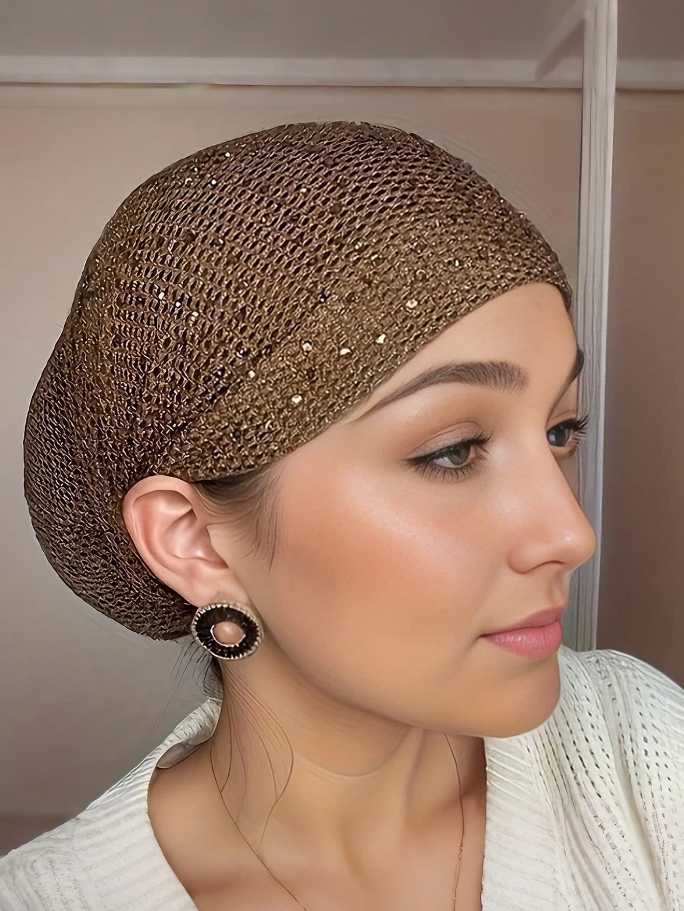 1pc New Elegant Solid Color Knitted Hollow-Out Rhinestone Decorated Women's Beanie Hat, Stretchy Elastic Rhinestone Headband Cap, Fashionable Graceful Mom Turban Hair Cover Hat For Women Bonnet For Women,Summer,Beach