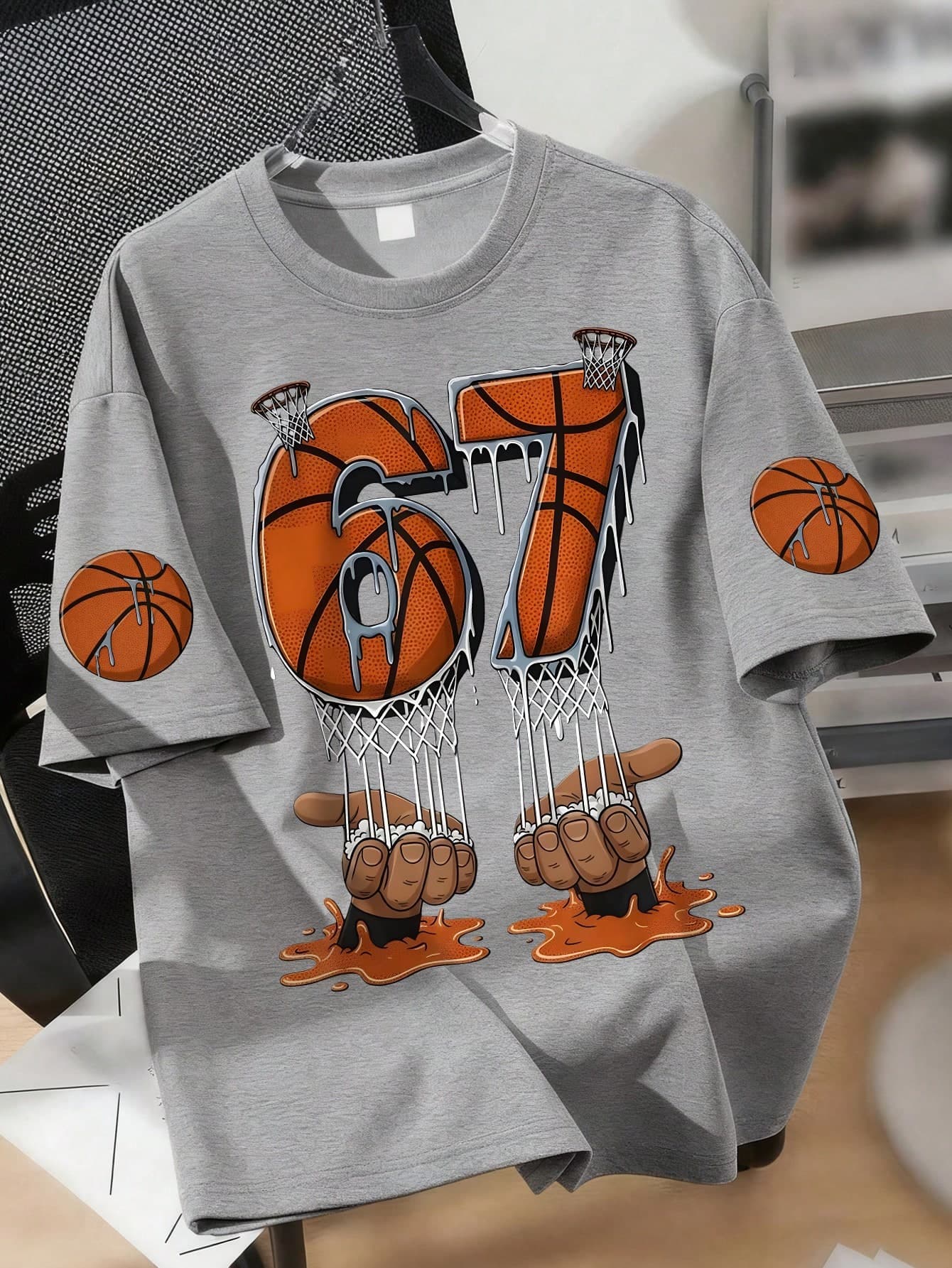 Teens/Youth Boys' Loose Fit 67 Basketball Print Short Sleeve T-Shirt, Suitable For Hangouts, Weekends, Street Style