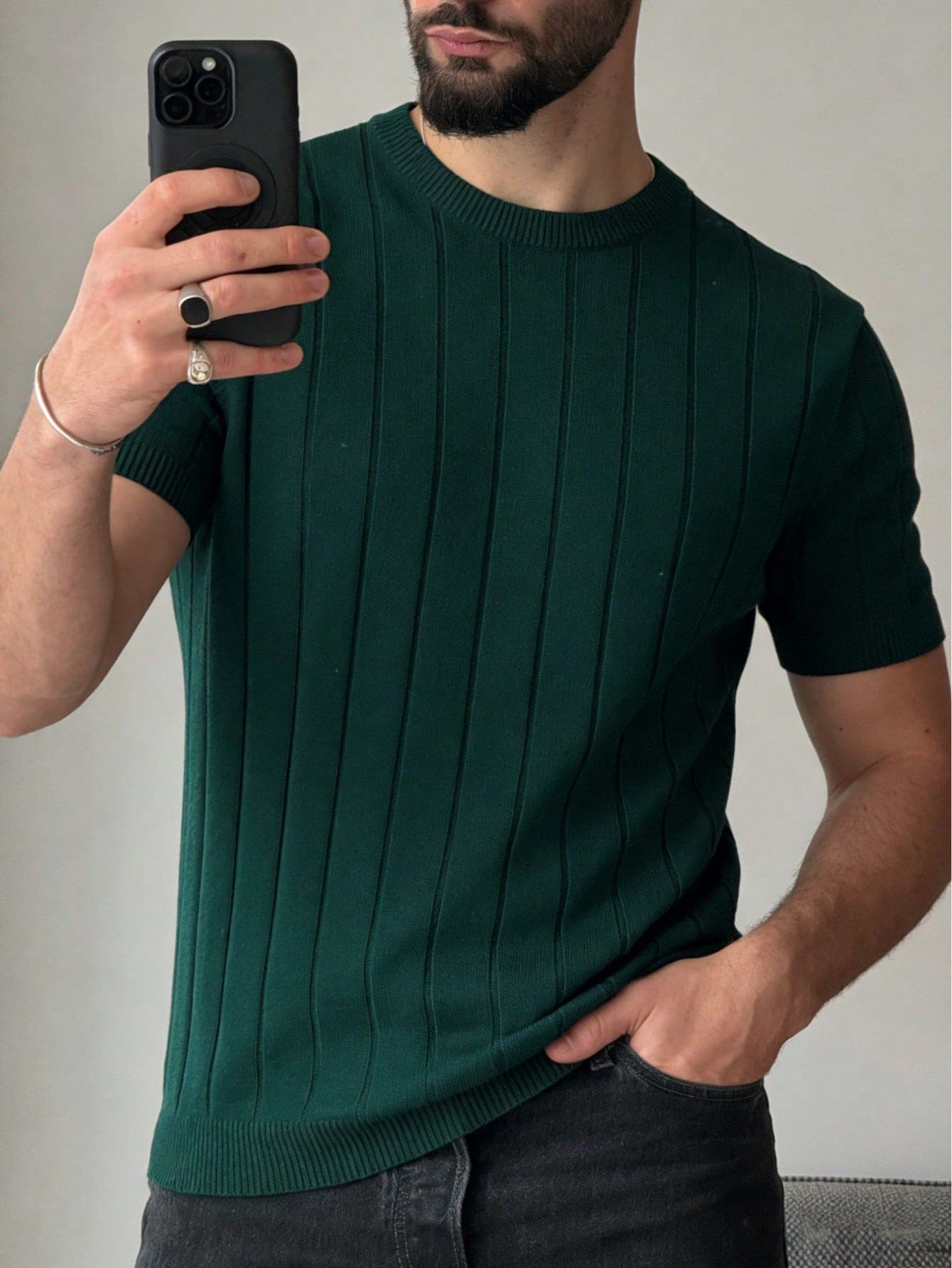 Men's Spring/Summer Ribbed Crew Neck Thin Loose Knit Short Sleeve Sweater