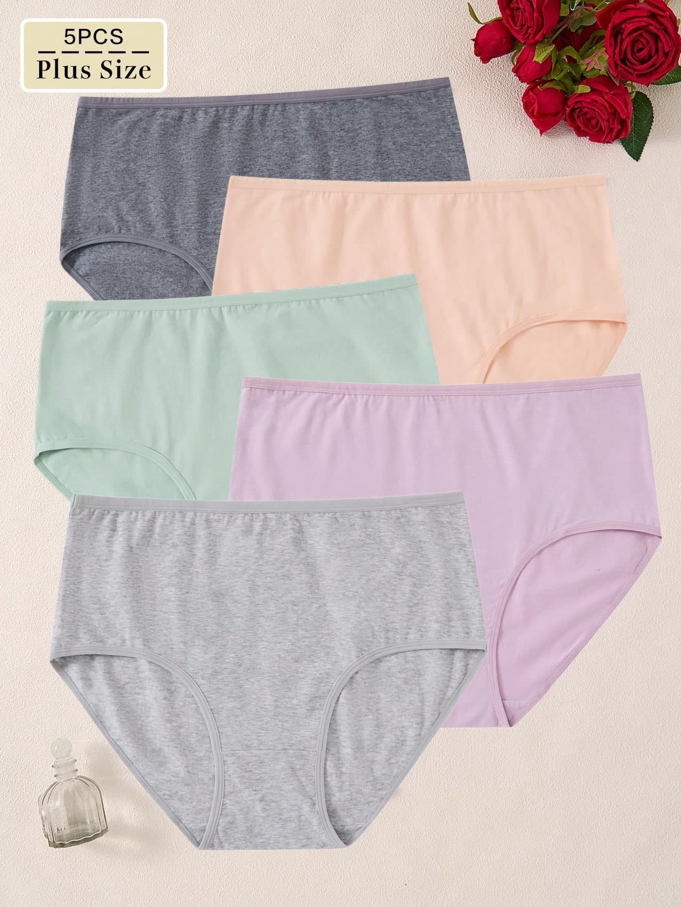 5pcs/Pack Solid Color High Waist Stretchy Cotton Plus Size Women Underwear