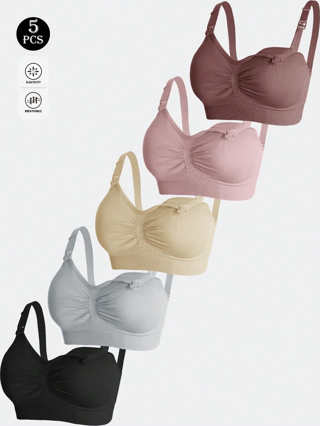 5pcs Nylon Maternity Nursing Bras, Front-Clasp Seamless Breastfeeding Wire-Free Bras, Comfortable For Pregnancy & Postpartum