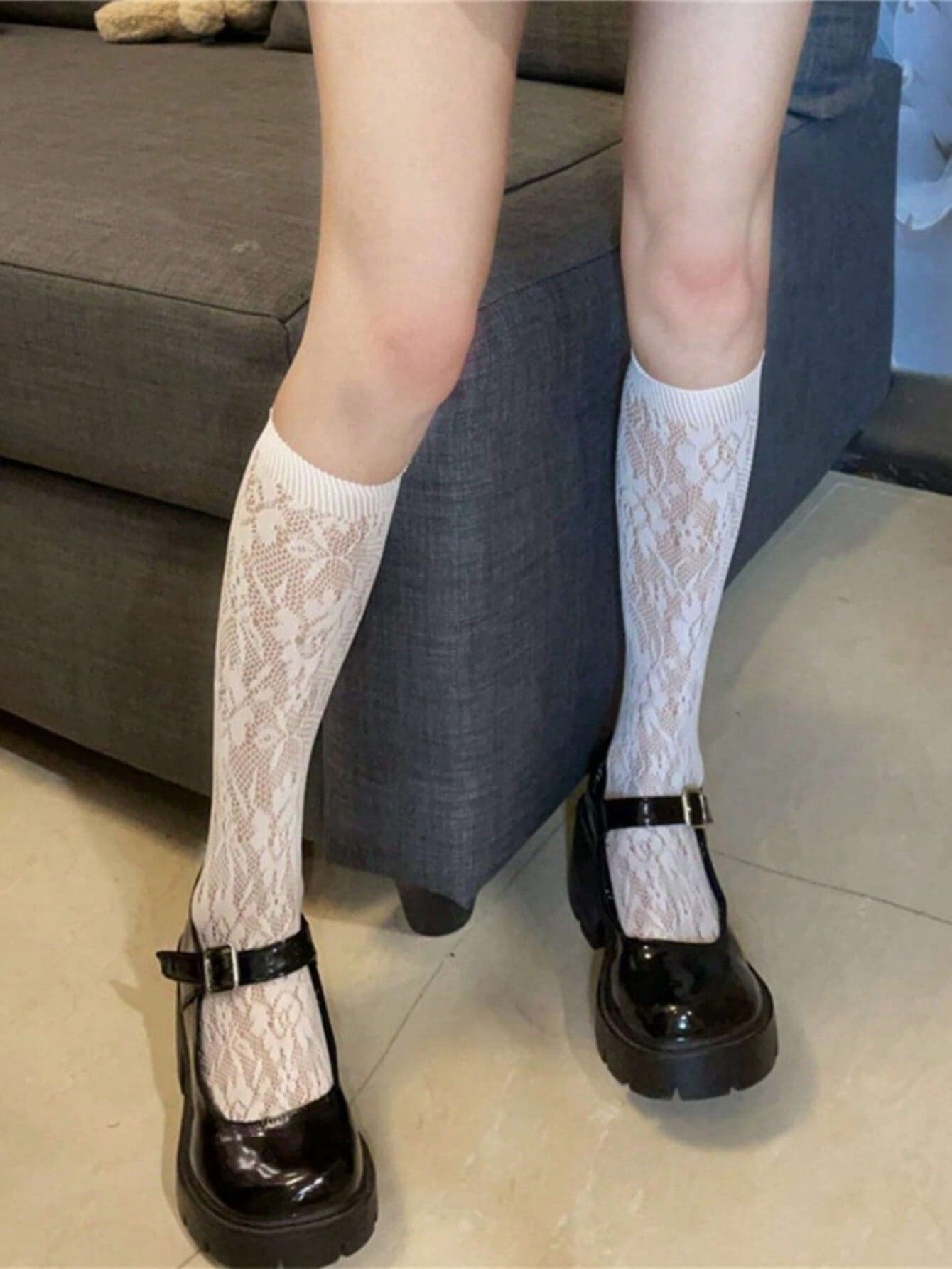 1 Pair Solid Color Mesh Rose Lolita Style Knee-High Socks, Cute Japanese Fashion Women's Mid-Calf Socks, Lace Straight Tube Socks, Backless White Socks