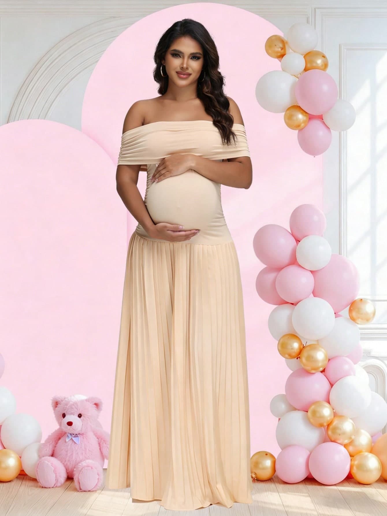 JustVH Open Shoulder Maternity Party Dress, Ruffle Hem, Women's Baby Shower Long Formal Gown Spring