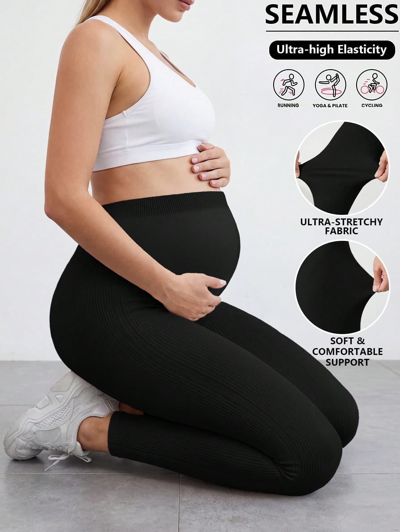 Maternity Solid Color Elastic Knit Flare Pants Black Summer