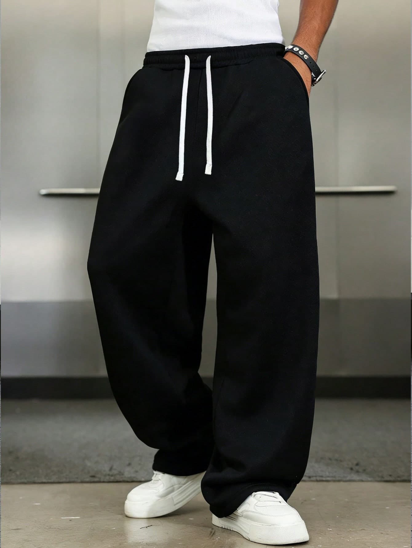 1 Pair Men's Loose Fit Casual Sweatpants, Minimalist Solid Color Wide Leg Design, Drawstring Waist, Large Pockets, Suitable For Daily Wear, Walking, Work, Outings. An Excellent Father's Day Gift For Dad
