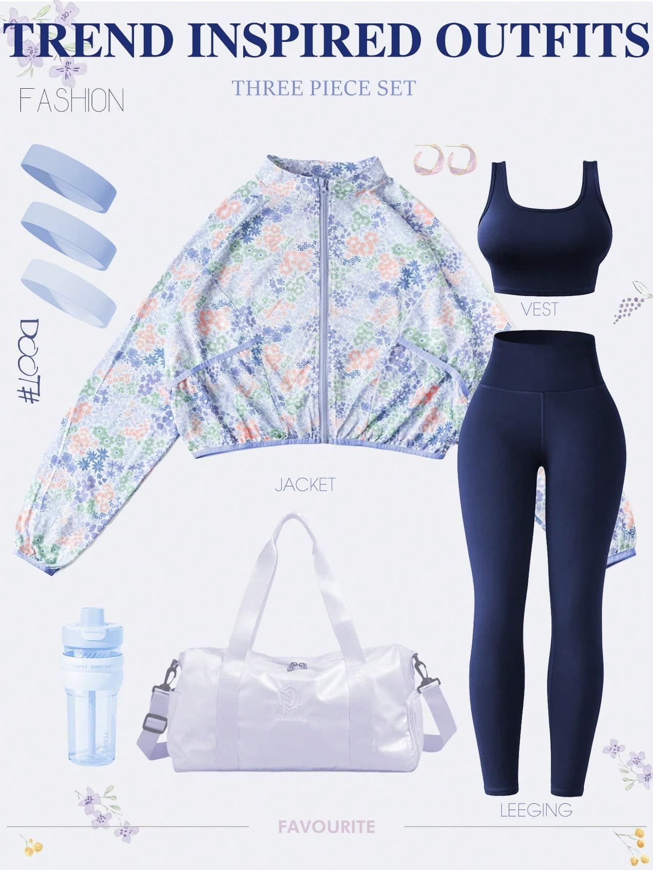 3-Piece Set: Navy Blue Ditsy Floral Zip-Up Jacket + Matching Sports Tank Top + Leggings, Fresh And Soft Suitable For Yoga, Fitness And Other Sports, Can Also Be Paired With Headband, Handbag, Water Bottle And Other Accessories For A Sweet And Fashionable Everyday Or Hangout Look
