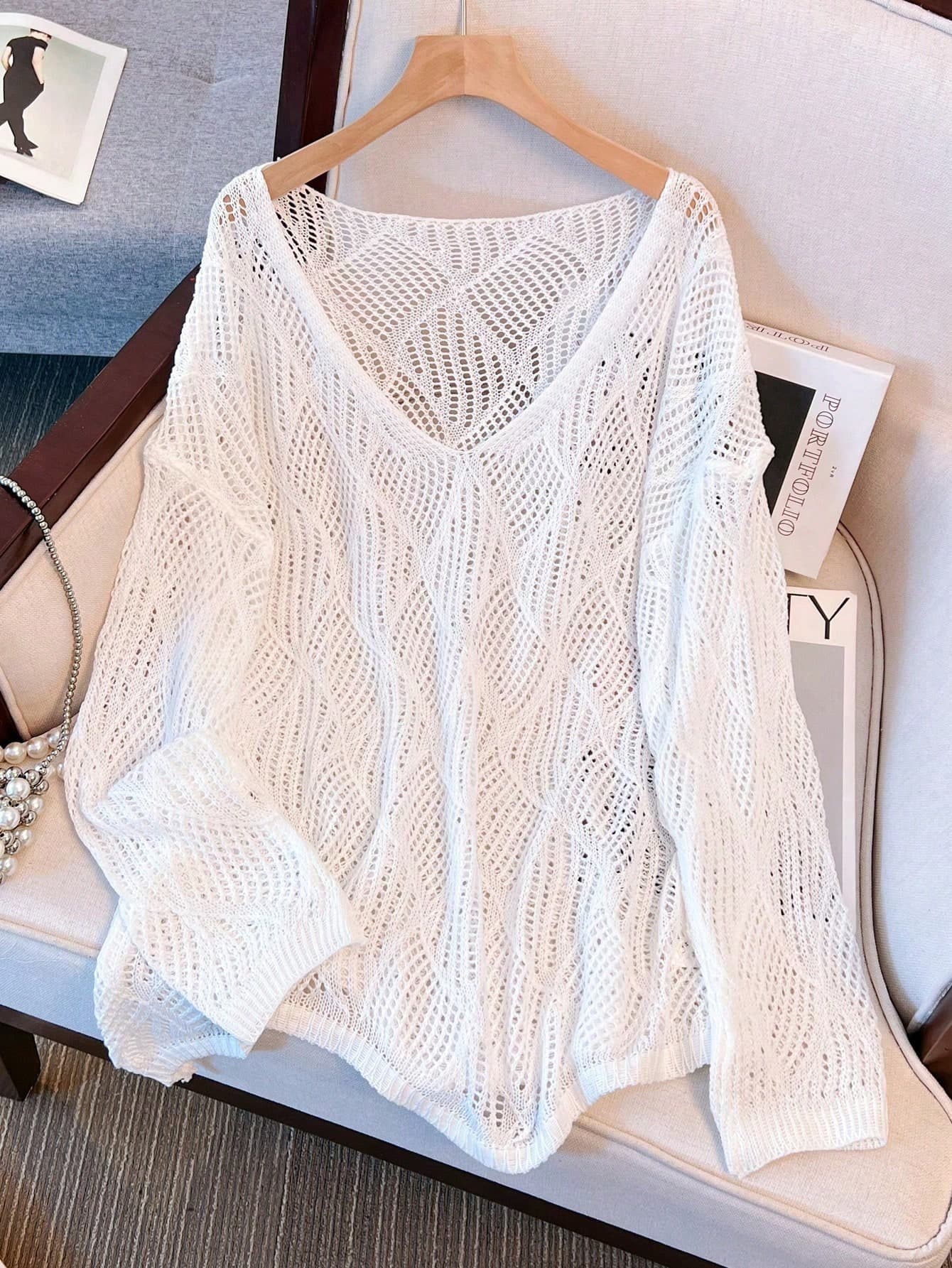 Plus Size Women Loose Knit Cover Up, V-Neck Hollow Rhombus Design, Lightweight Breathable Cover Up For Beach & Holiday Vacation White Summer