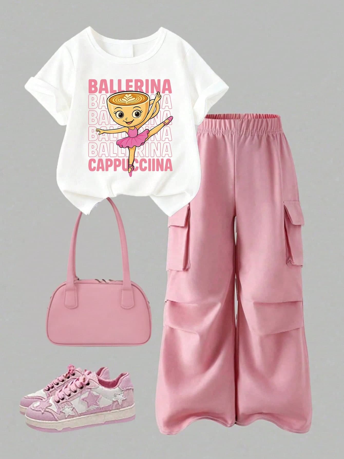 Toddler Girls' Cartoon Print Round Neck Short Sleeve Top And Cargo Pants Set