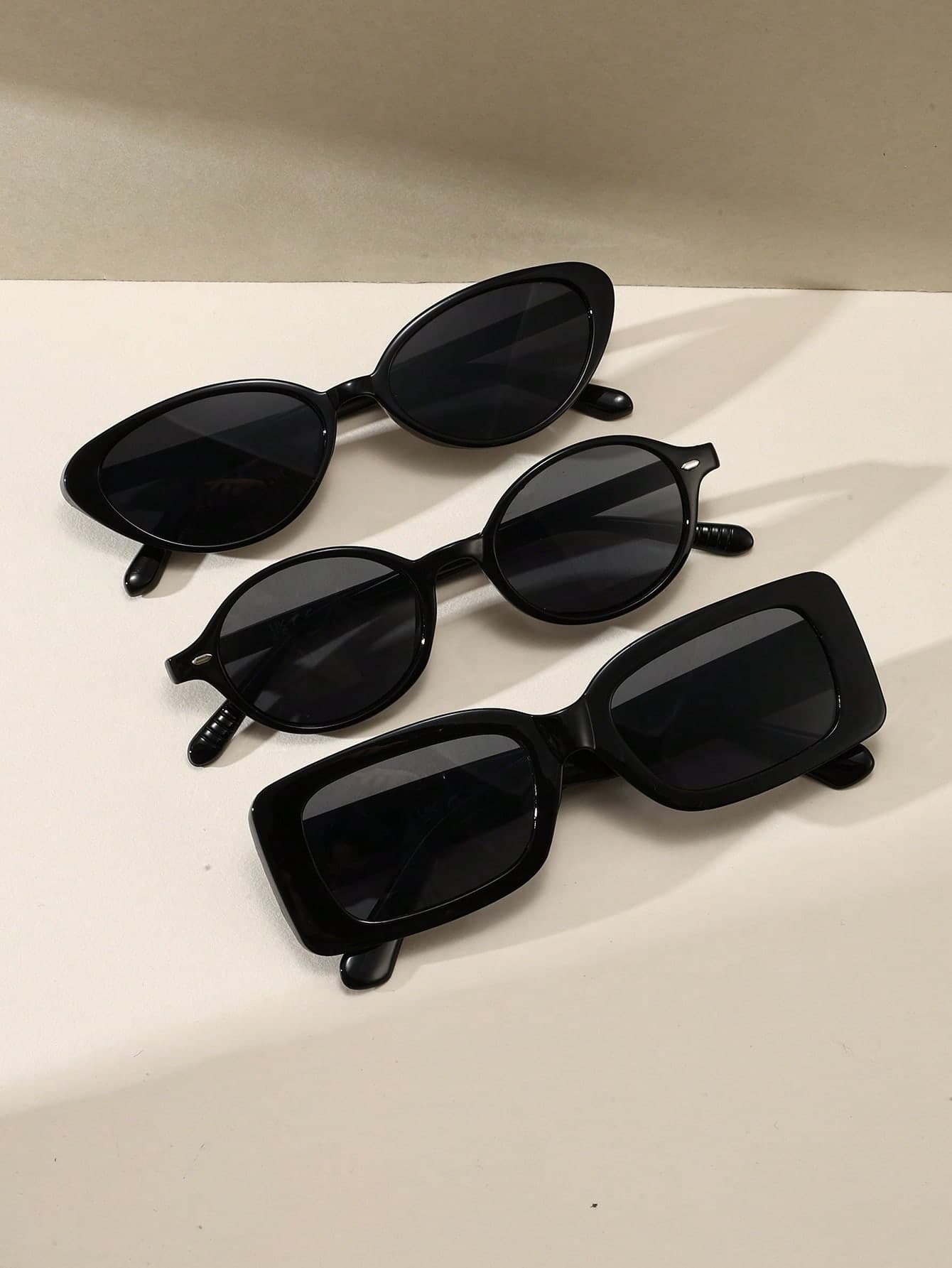 3pcs Black Sunglasses Set (Cat Eye Frame + Oval Frame + Rectangle Frame), Retro Small Frame Plastic Fashion Glasses, Classic Decoration For Outdoor Travel Beach Holiday Casual Wear, Summer UV Protection Driving Sunglasses For Men And Women