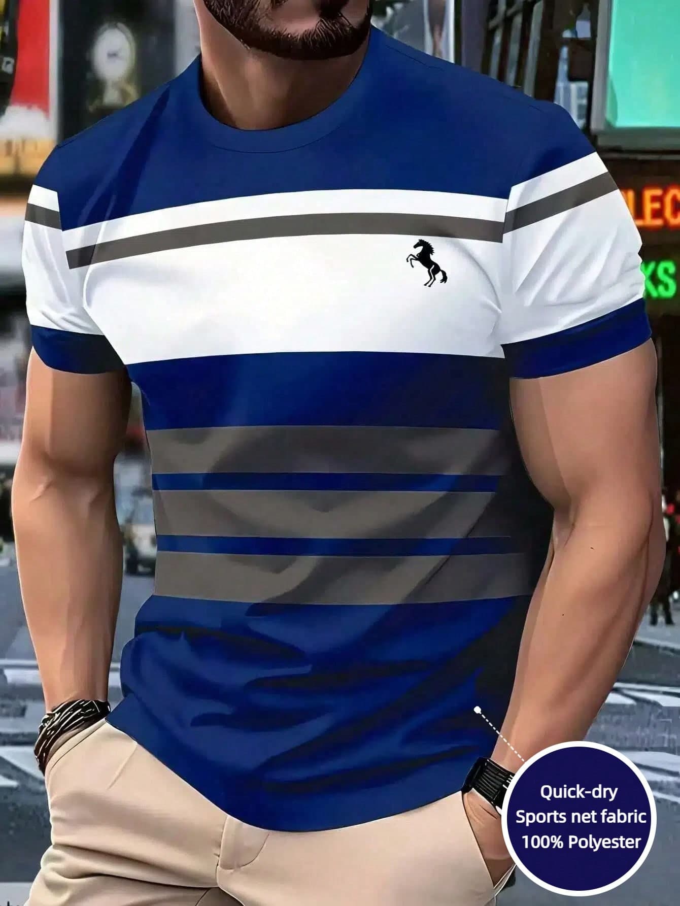 KOVSEE Men's Casual Sports T-Shirt - Horse Shaped Pattern, Lightweight Sports Fabric, Suitable For Outdoor, Commuting, Vacation, Machine Washable, Comfortable For All Seasons, Daily Fashion Wear | Round Neck T-Shirt Summer