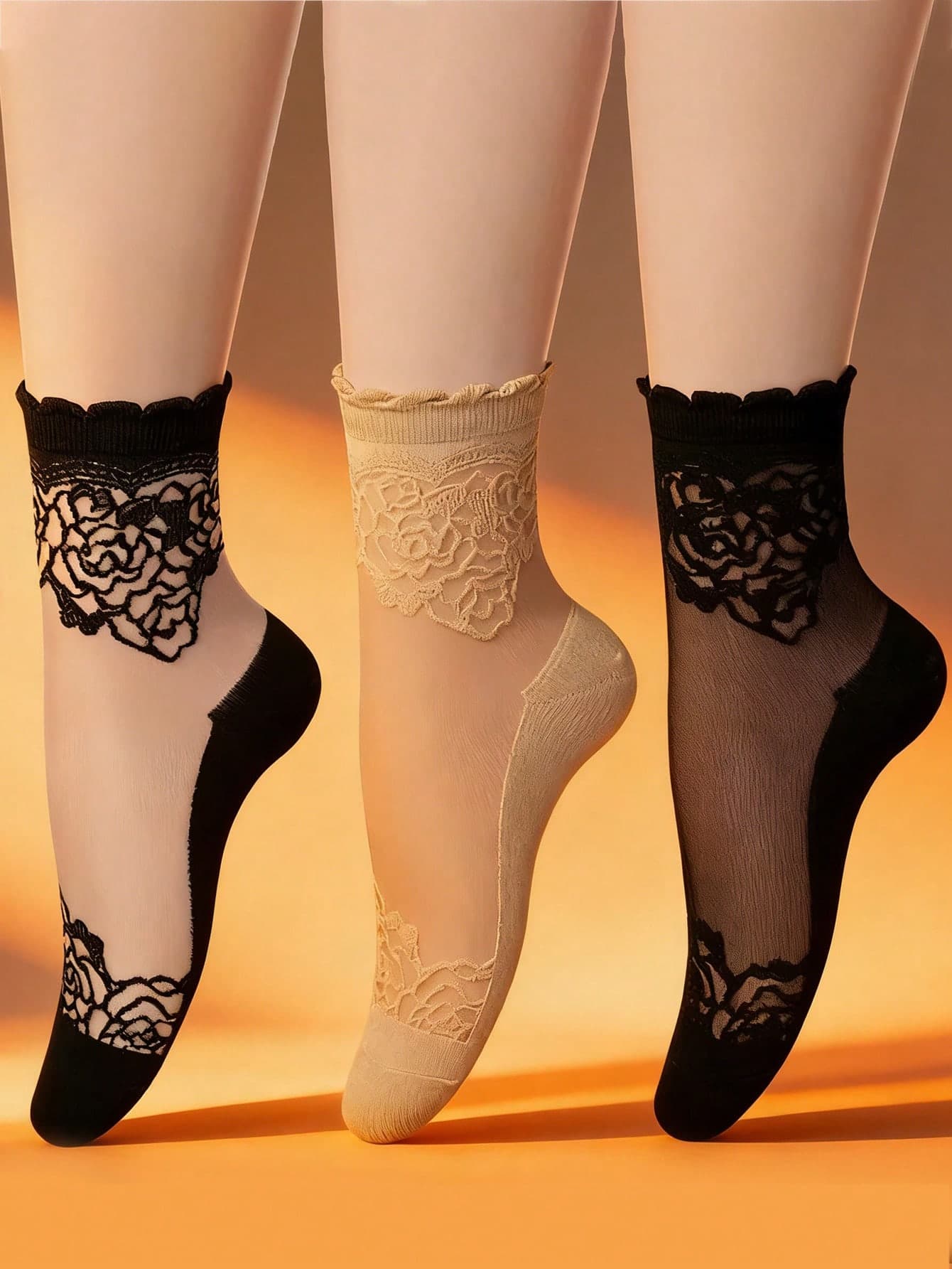 1/2/3/6/9 Pairs Crystal Silk Stockings, Women Lace Edge Thin Mid-Calf Socks, Transparent, Korean Style, Anti-Snag