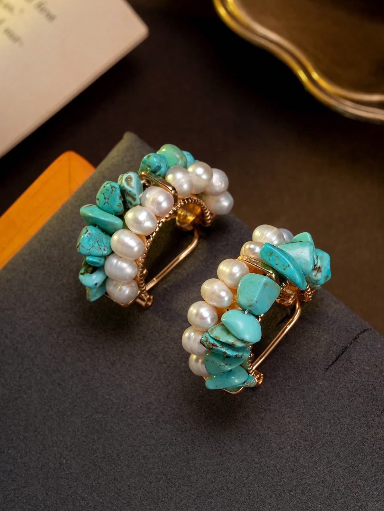 1 Pair Genuine Pearl With Asymmetrical Shaped Synthetic Turquoise Half Hoop Earrings, Suitable For Women's Daily Wear, Party And Banquet