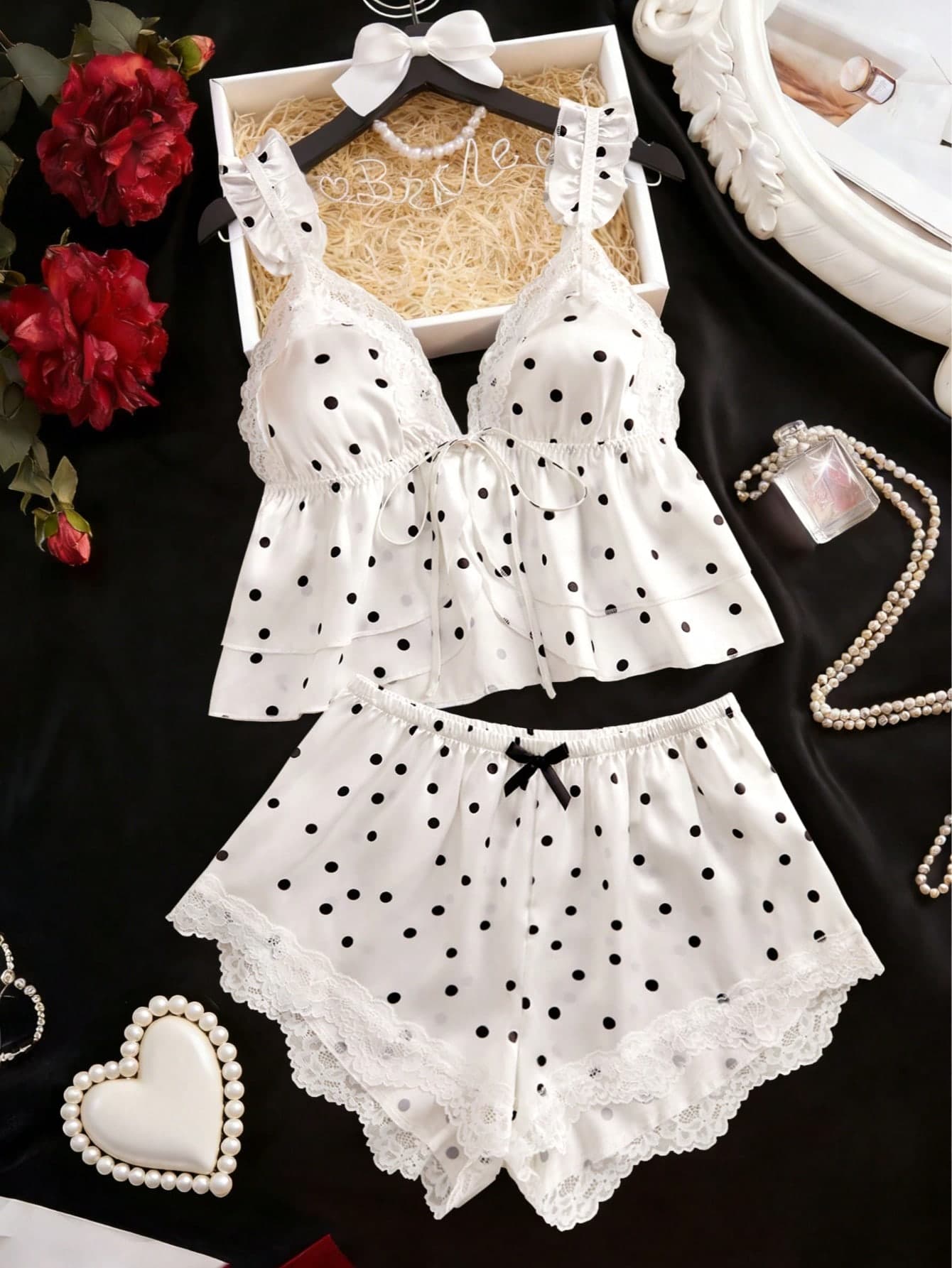 2pcs Women's Pajama Set, Lace V-Neck Halter Top With Lace Patchwork Shorts, Bowknot Waist Decoration, Comfortable Soft Cute Women's Loungewear