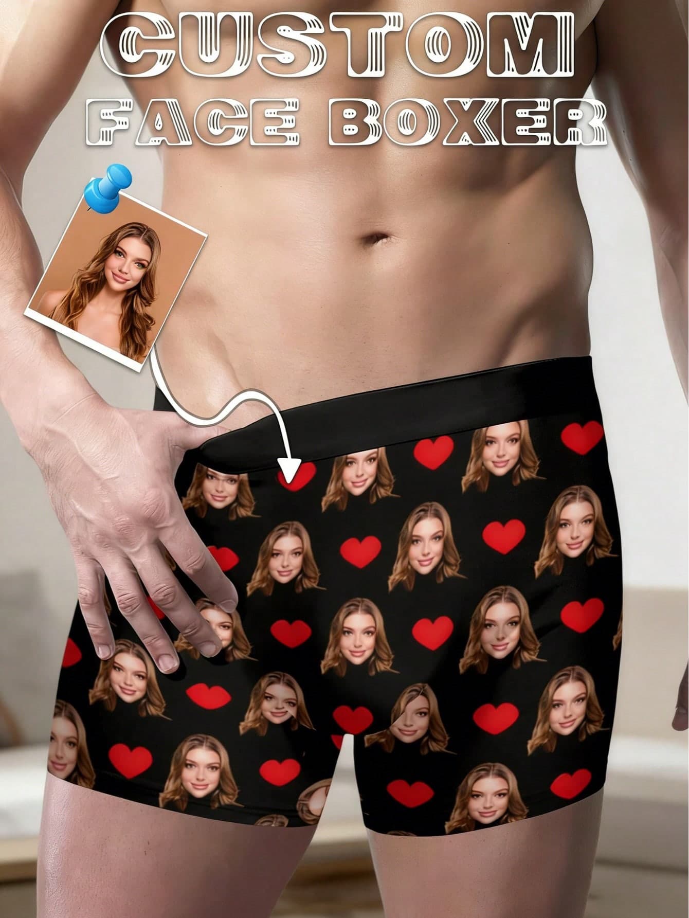 Custom Men's Briefs - Personalized Face & Soft Heart Pattern, Men's Customized Underwear | Premium Valentine's Day/Anniversary Gift, Ideal Boyfriend Gift